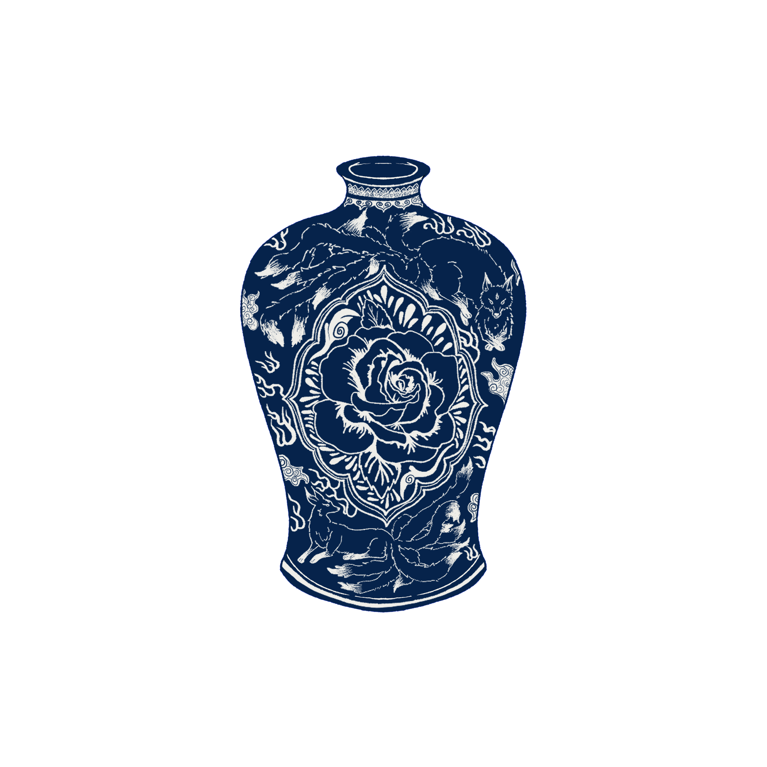 A decorative blue and white porcelain vase with intricate floral and animal patterns, featuring a wolf and dragon design, set against a dark background.