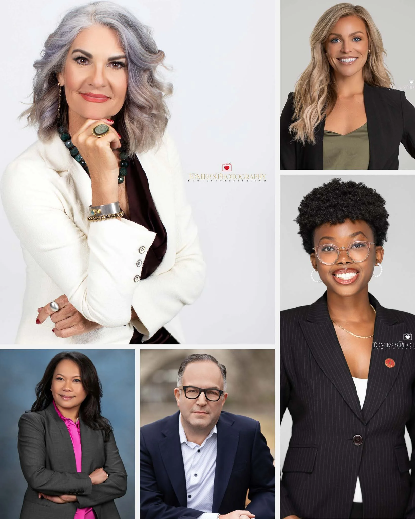 Collage of five professional headshots of diverse individuals, three women and two men, dressed in business attire, posing with confident expressions.