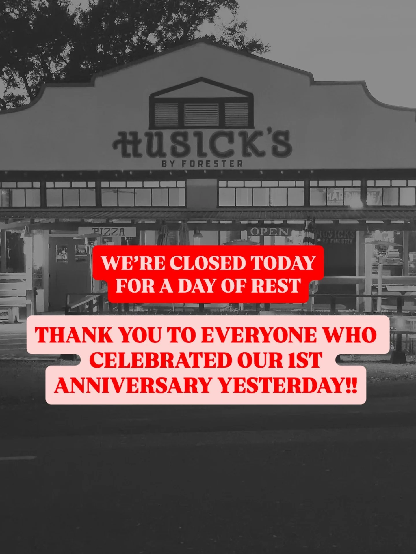 We&rsquo;re taking the day off today to give our crew some well-deserved rest after our 1-Year Anniversary yesterday. Thank you to all that came out!! Have a great Sunday and we&rsquo;ll see you on Tuesday #husicksbyforester