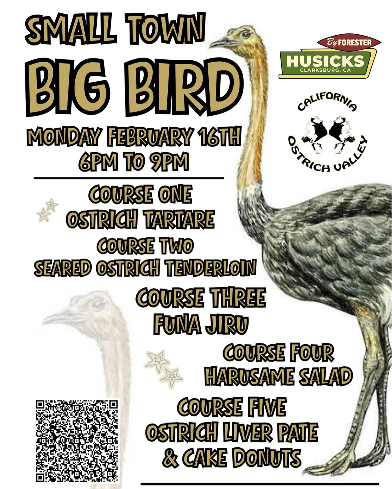 Want to brag to your friends that you just did something cool? Do you want to impress your partner with something completly different for Valentines weekend? Do you have Big Bird energy? Then dont be a lame and come to our Ostrich dinner. Husick&rsqu