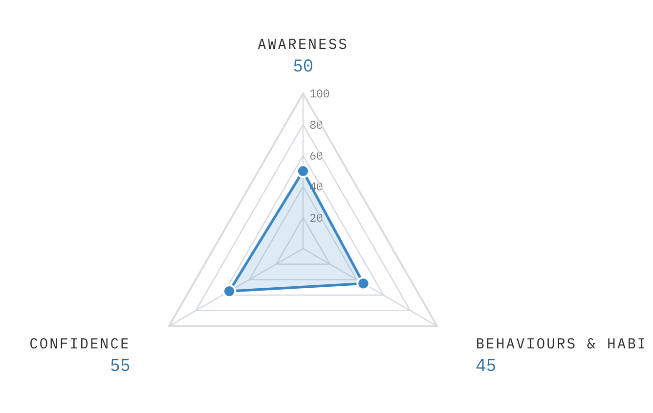 Radar chart with three axes labeled Awareness, Confidence, and Behaviours & Habits, showing scores of 50, 55, and 45 respectively.