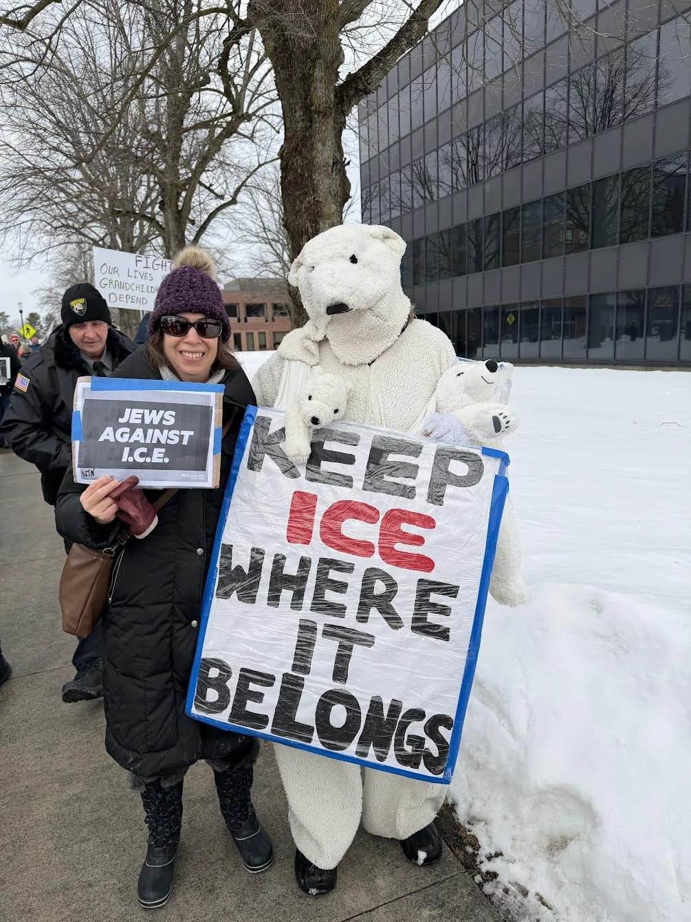  NJN board member Shaina Wasserman at the Jews Against ICE protest in Boston.  
