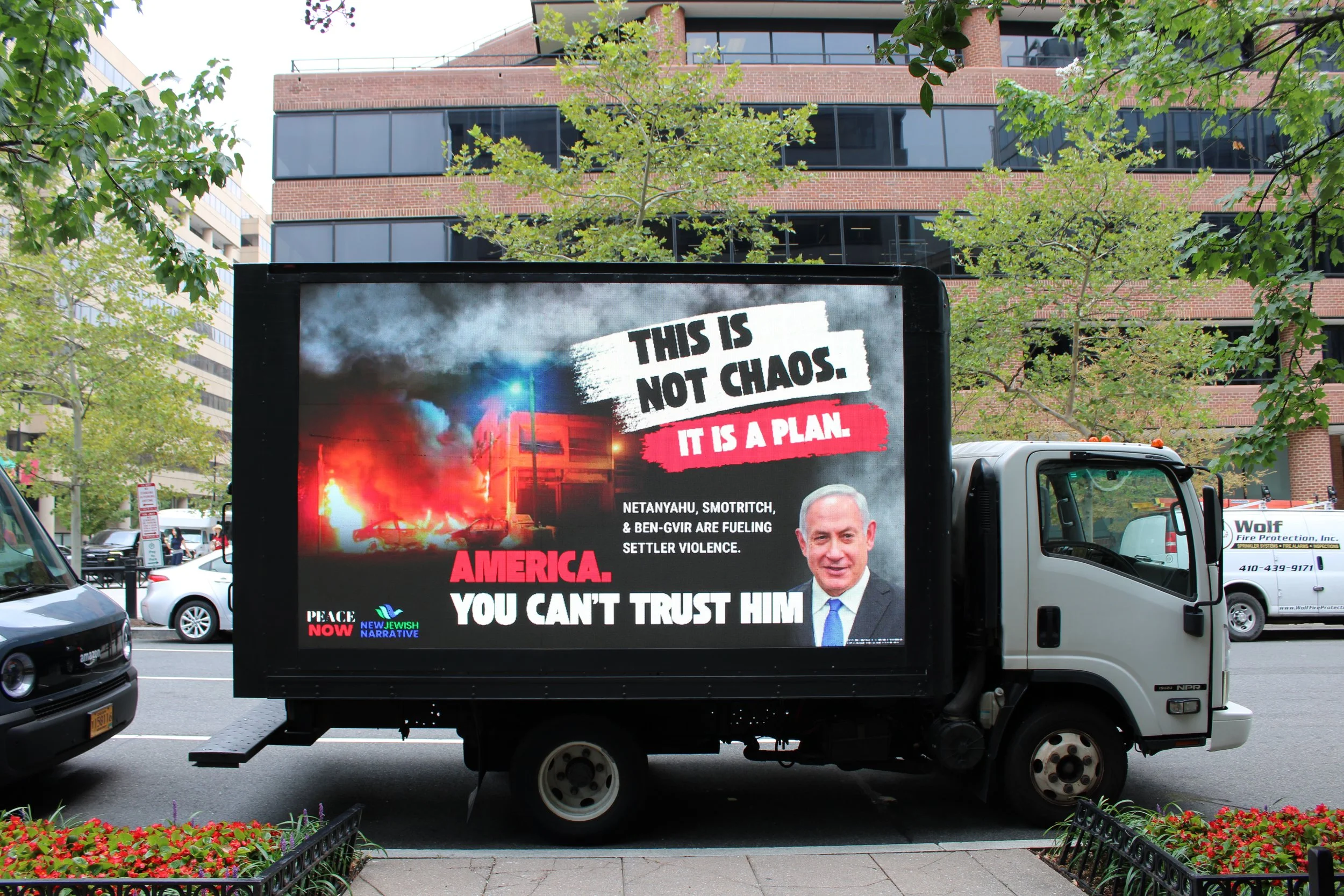   Text reads: This is not chaos. It is a plan. Netanyahu, Smotrich, and Ben-Gvir are fueling settler violence. America. You can’t trust him.  