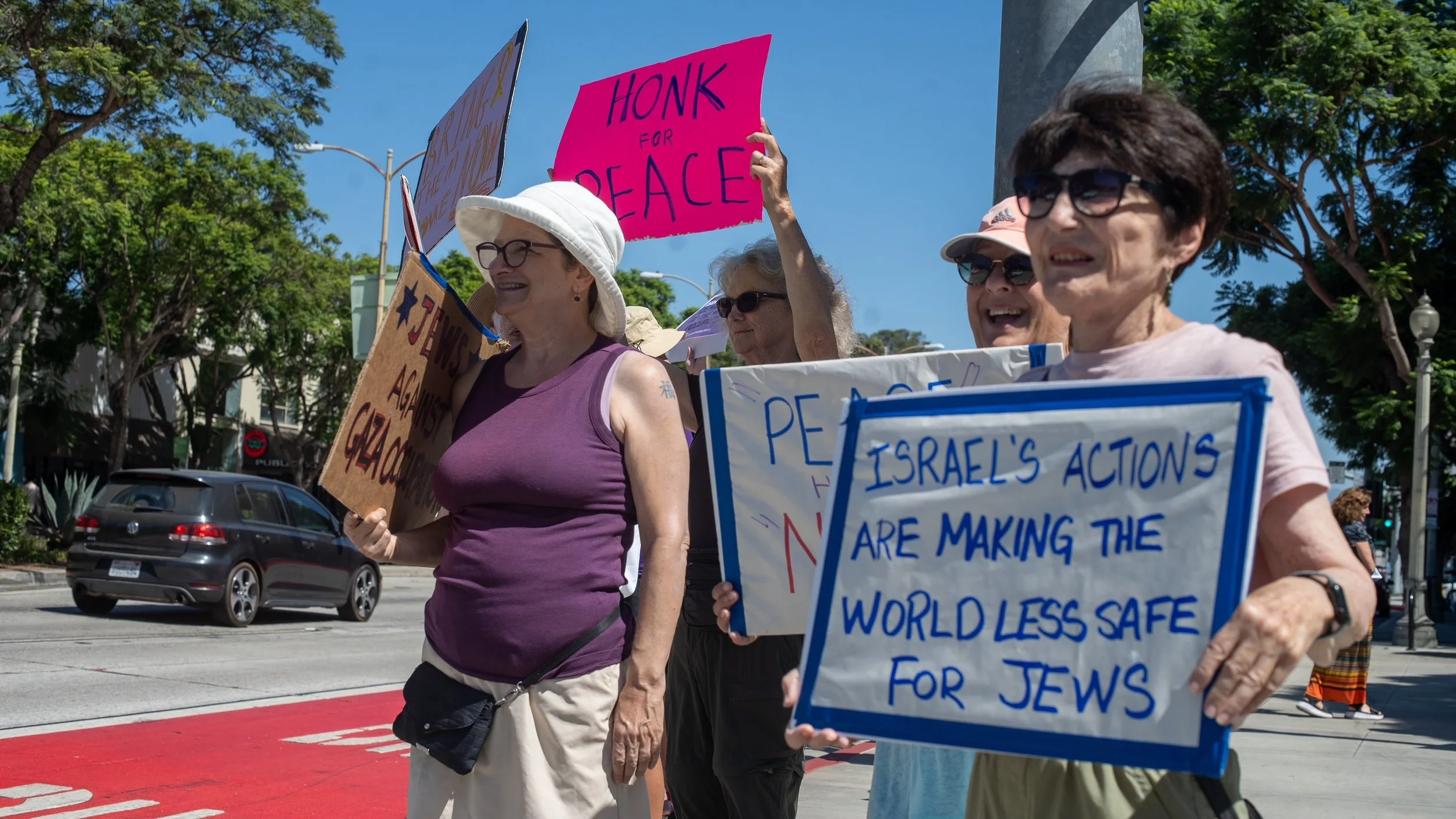 protesters hold signs at NJN protest in LA