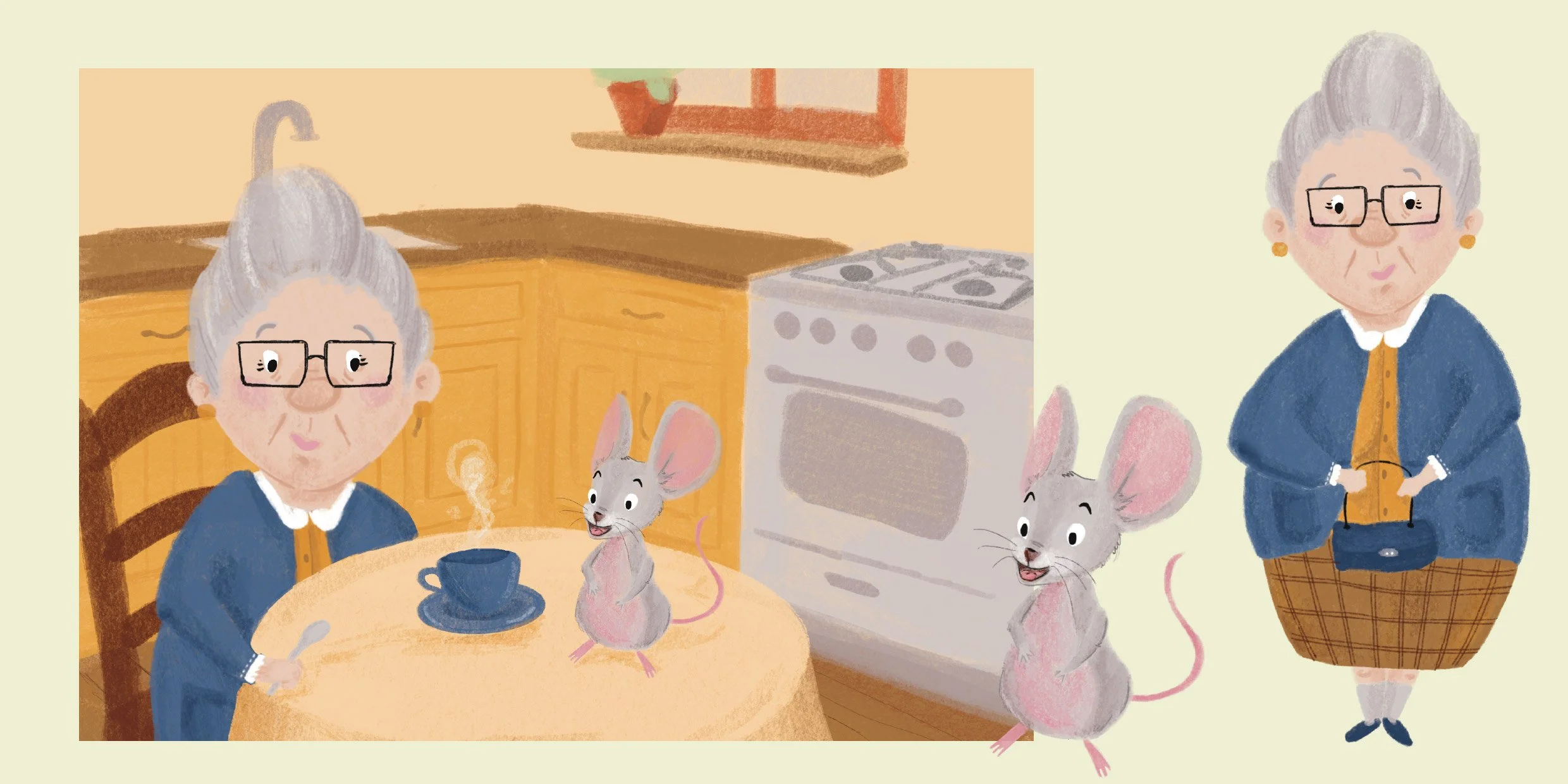 Propuesta de diseño_Ilustracion de interior. Abuelita en cocina con el raton, mientras toman un café.