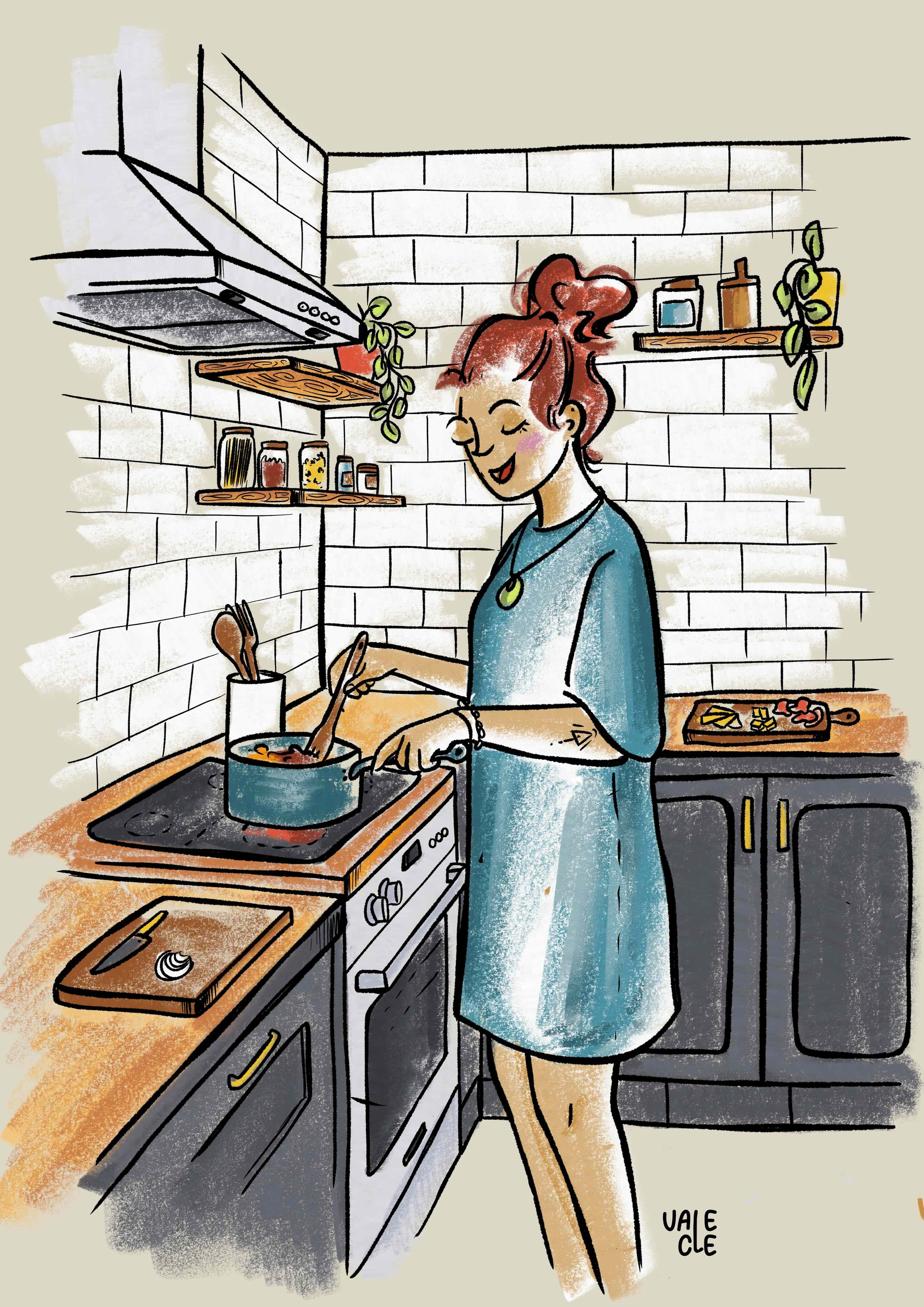ilustracion de chica en la cocina