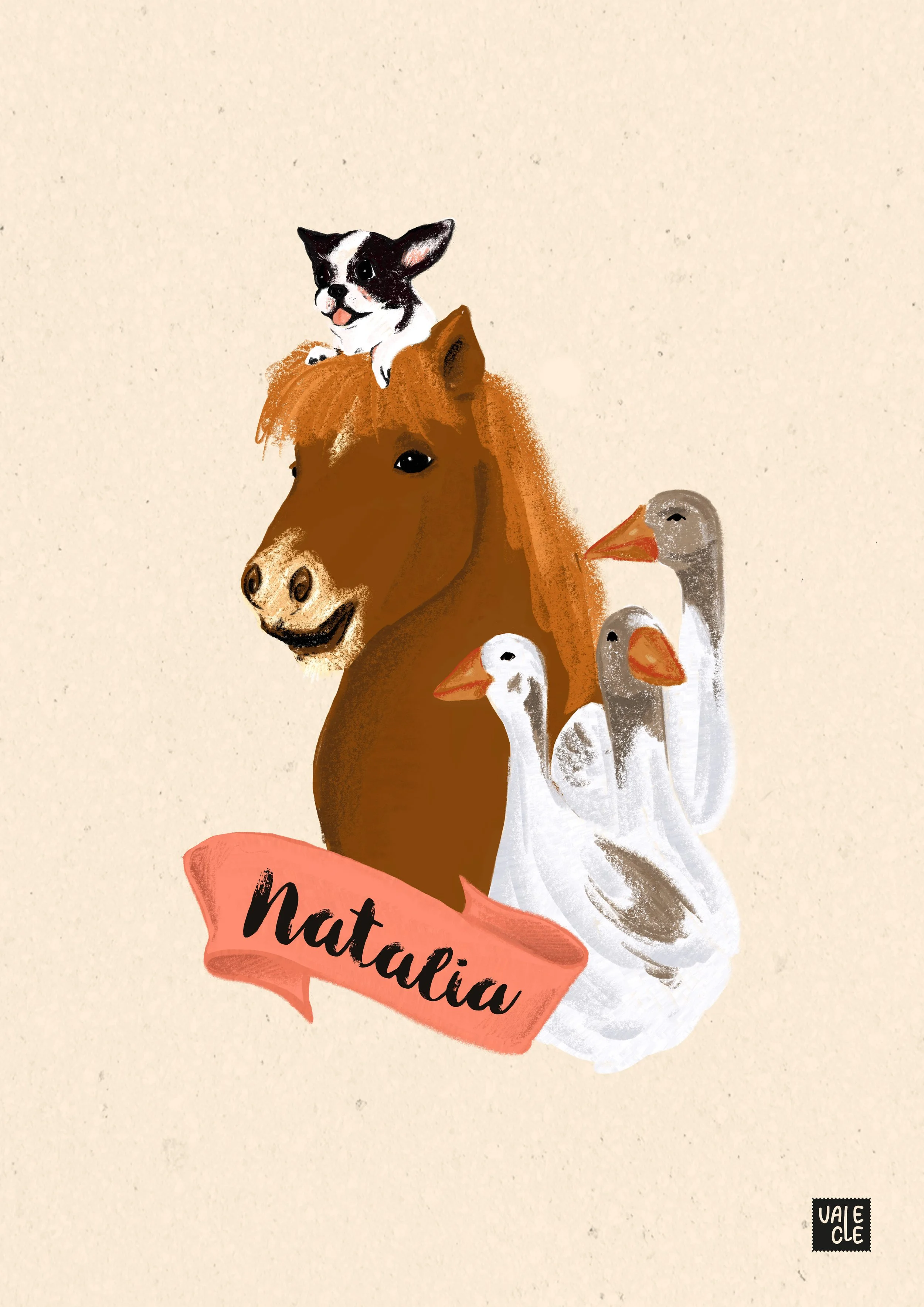 Encargo de ilustración con variedad de animales: Pony, Ocas, Perro