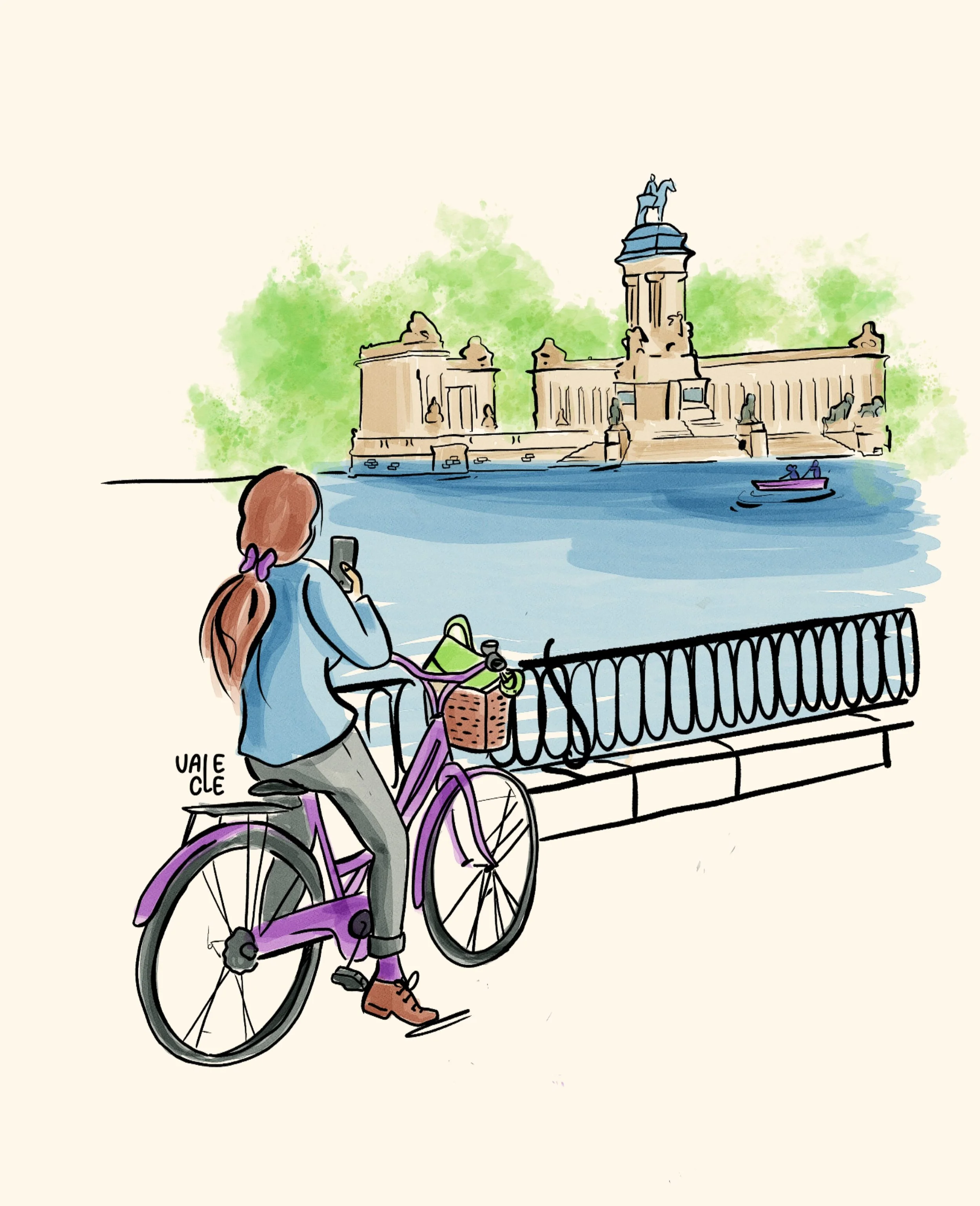 ilustracion de lago de El parque del retiro, en Madrid. Una chica en bici se para un momento para hacer una fotografia a la escena.