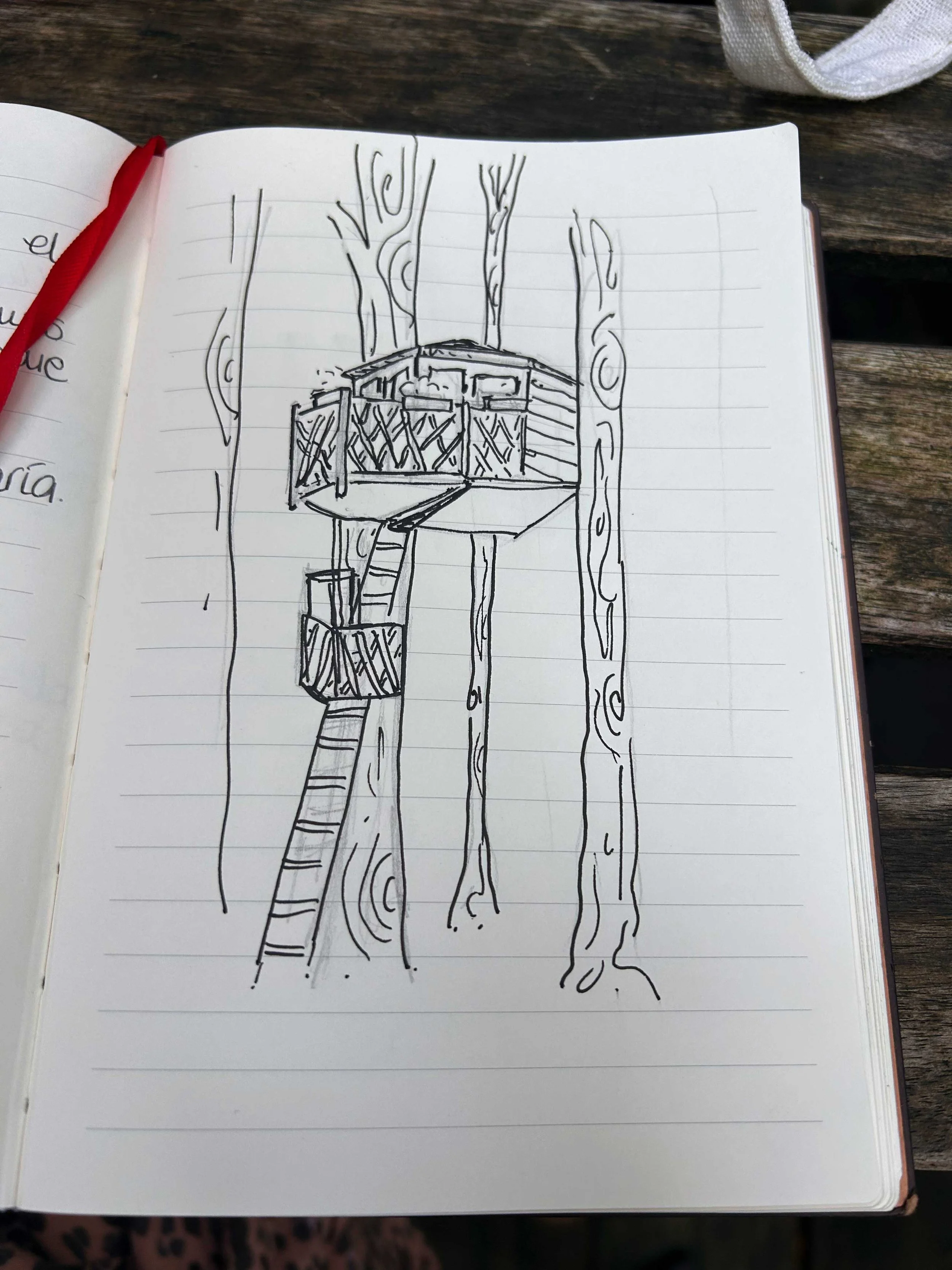 Ilustracion en tinta de cabaña en el arbol