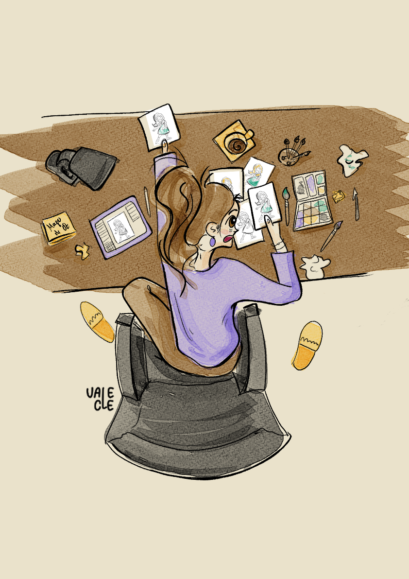 Ilustración de una chica, vista desde arriba, en su escritorio rodeada de papeles, Ipad, café, acuarelas, ...