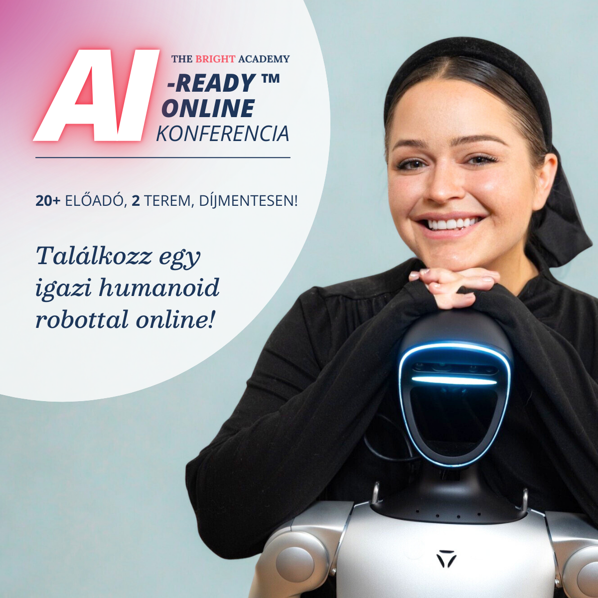 A woman with dark hair tied back, smiling slightly, sitting indoors in front of a neutral background with a plant partially visible on the left. Text overlays identify her as Emily Genatowski, a researcher in AI domestic robotics, in a televised interview.
