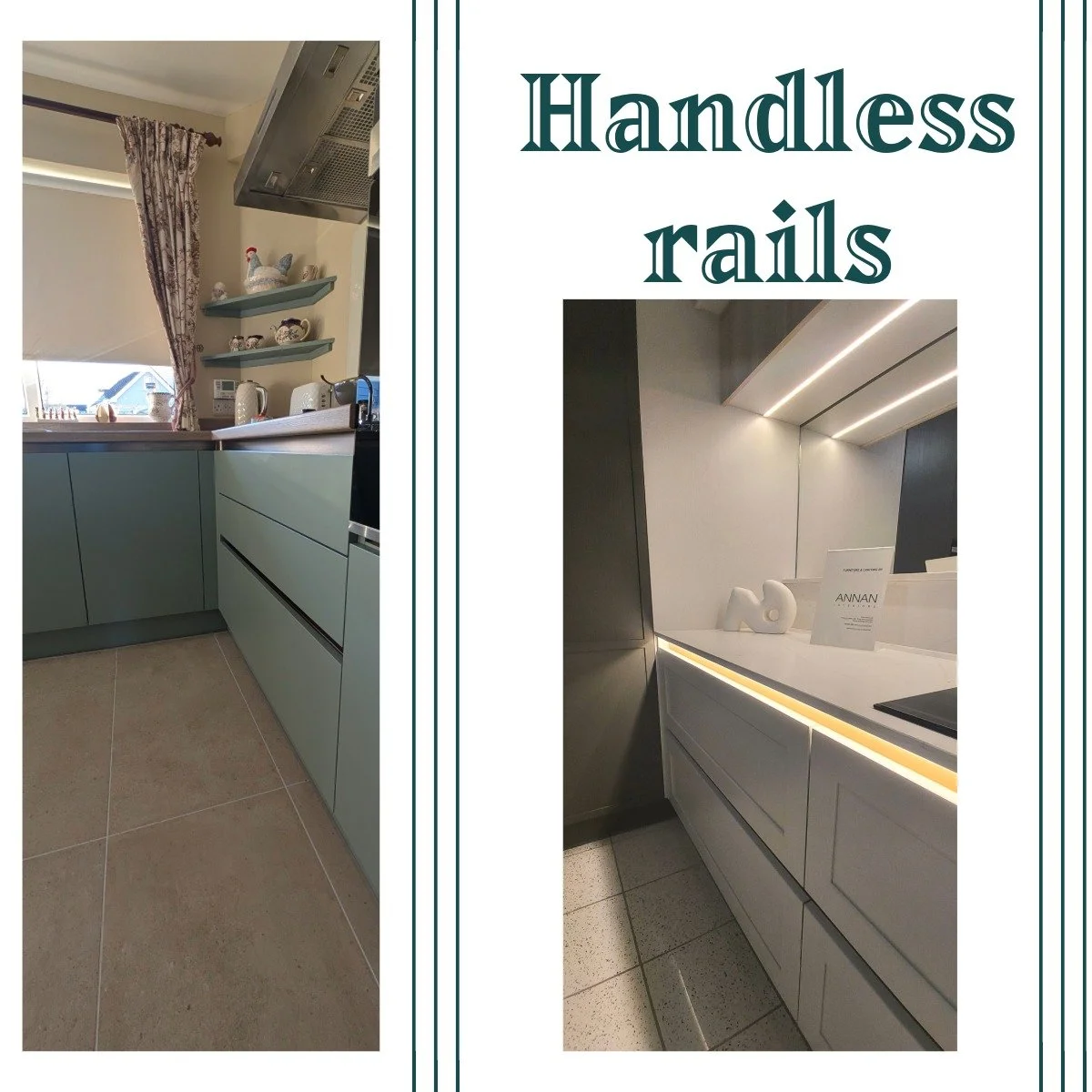 Sleek, seamless, and effortlessly modern ✨ our handleless rail kitchens are designed for a clean finish that never goes out of style. By integrating the handle into the rail, you get smooth lines, practical function, and a truly contemporary look. Pe