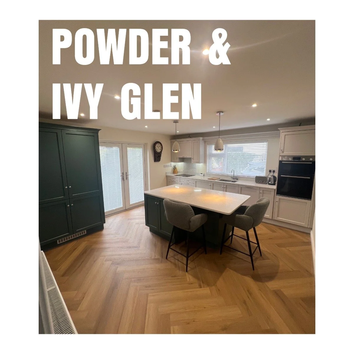 This Powder &amp; Ivy Glen kitchen pairs soft, light tones with deeper accents to create a space that feels fresh and grounded. The Powder cabinetry keeps the room bright, while the Ivy Glen larder and worktop units add contrast and definition across