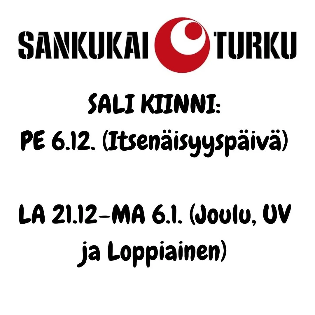 ❗️Tiedoksi salin aukioloajoista tulevien viikkojen aikana. 

Sali on kiinni t&auml;ll&auml; viikolla PE 6.12.
Vuoden 2024 viimeiset harjouitukset ovat PE 20.12.

Avaamme ovet taas loppiaisen j&auml;lkeen eli ensimm&auml;iset harjoitukset ensi vuonna 