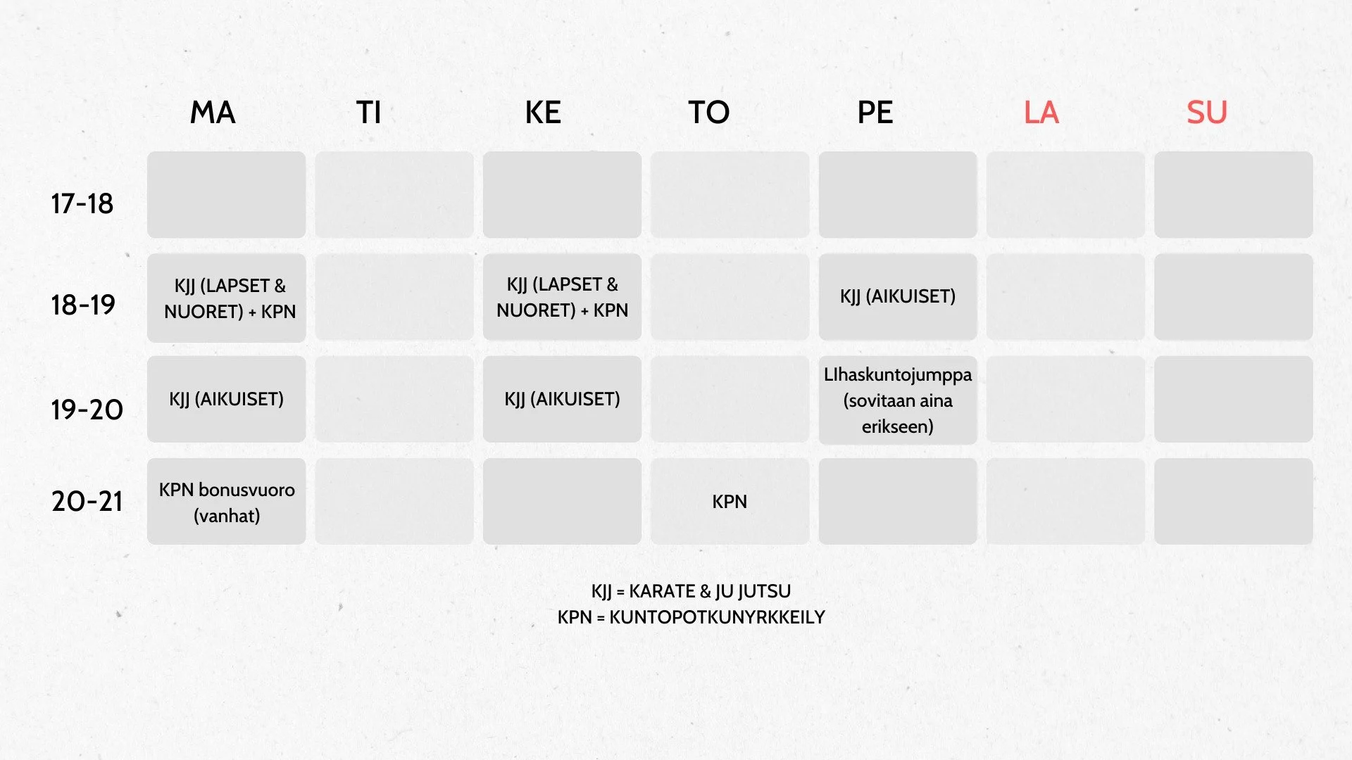 Ohessa Sankukain uusi aikataulu j&auml;senille. Maanantaille klo 20-21 on lis&auml;tty ylim&auml;&auml;r&auml;inen vuoro kuntopotkunyrkkeilyyn (ei peruskurssilaisille). Siihen saa osallistua, mik&auml;li haluaa hivenen vaikeampaa tekniikkaa ja enemm&