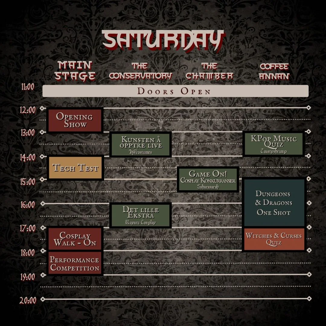 Here are all the thrilling things to do at CastleCon!

Watch panels and participate in quizzes. 

Check out the Artist Alley or the activities in Coffee Annan. 

Join in cheering on our competitors on the Main Stage!