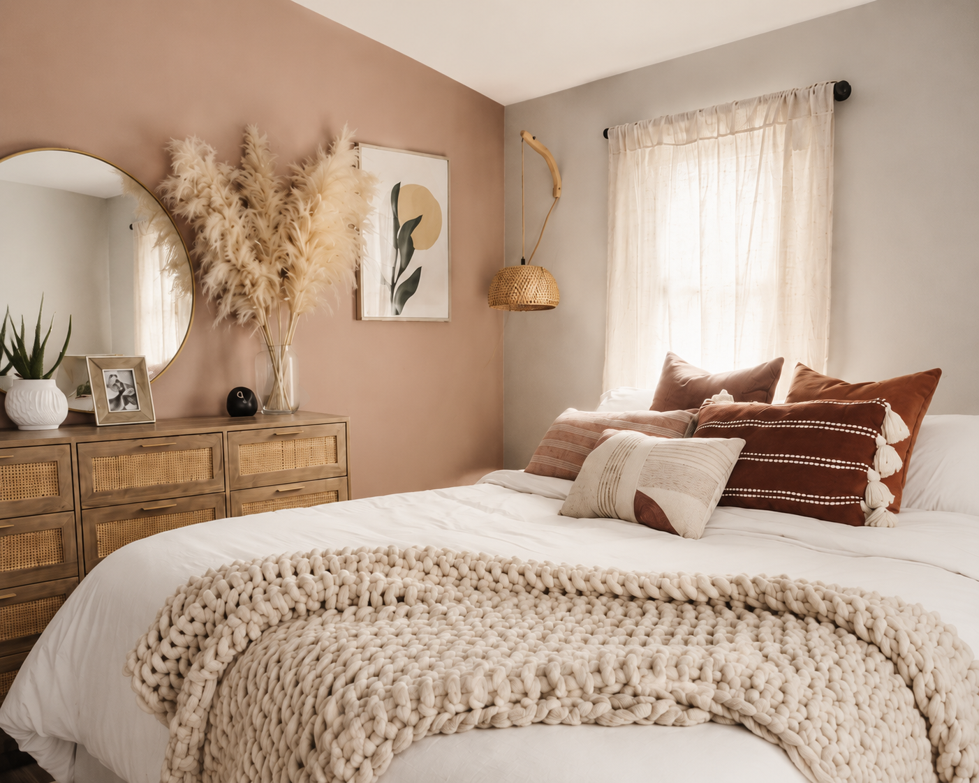 A cozy bedroom with a bed covered in white bedding and a chunky cream throw blanket. The bed has decorative pillows in shades of brown, beige, and rust. To the left, a wooden dresser with cane-front drawers holds a round mirror, a framed black-and-white photo, a white vase with a green plant, and a black decorative object. Above the dresser, there are pampas grass in a clear glass vase and a framed botanical print. A woven pendant light hangs beside a window with sheer beige curtains, allowing natural light to brighten the room. The wall behind the dresser is painted a warm blush pink, and the adjacent wall is a soft gray.