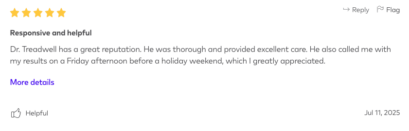 Best Urology Review, Port St. Lucie, Florida, Dr. Tradewell has a great reputation. He was thorough and provided excellent care. He also called me with my results on a Friday afternoon before a holiday weekend, which I greatly appreciated.