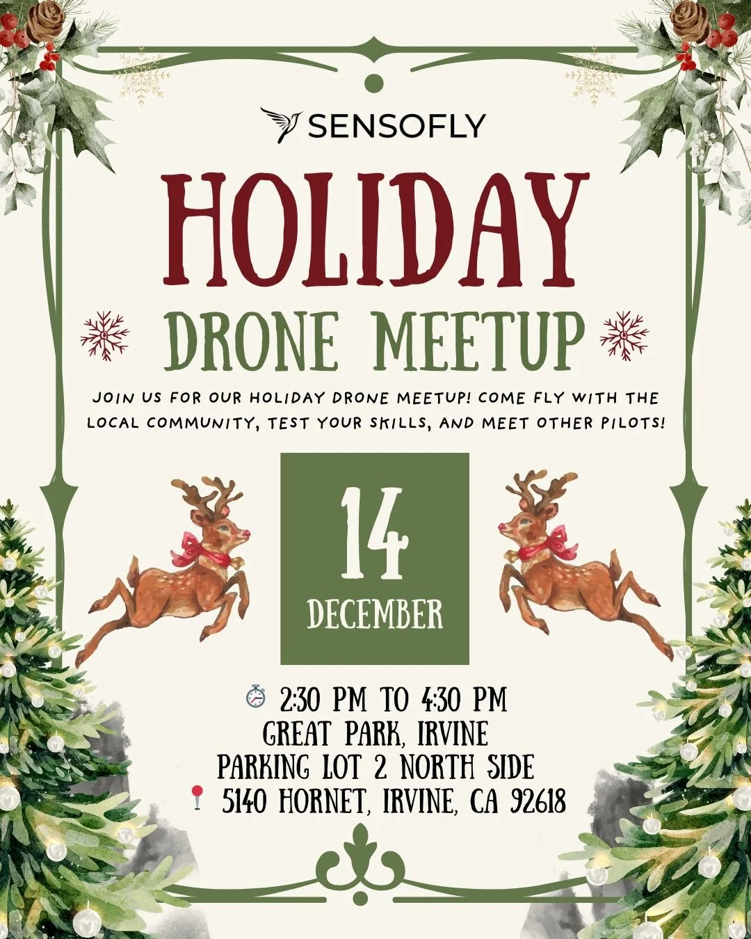 🚁 OC Drone Meetup: Holiday Edition 🎉
Come fly with us before the year ends!
ㅤ
Whether you&rsquo;re brand new or an experienced pilot, everyone&rsquo;s welcome. Bring your drone, meet the community, and enjoy an afternoon of flying, learning, and ha
