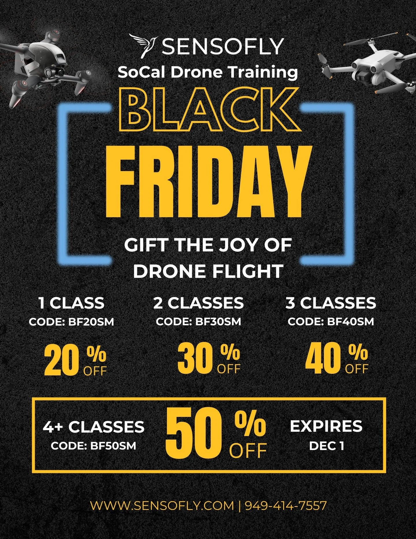 Save up to 50% on drone lessons through Dec 1! 🎉 Learn for yourself or gift a class to someone who&rsquo;s always wanted to fly.Mix and match any of our courses and schedule anytime. 🚁✨#BlackFriday #DroneTraining #LearnToFly #Sensofly