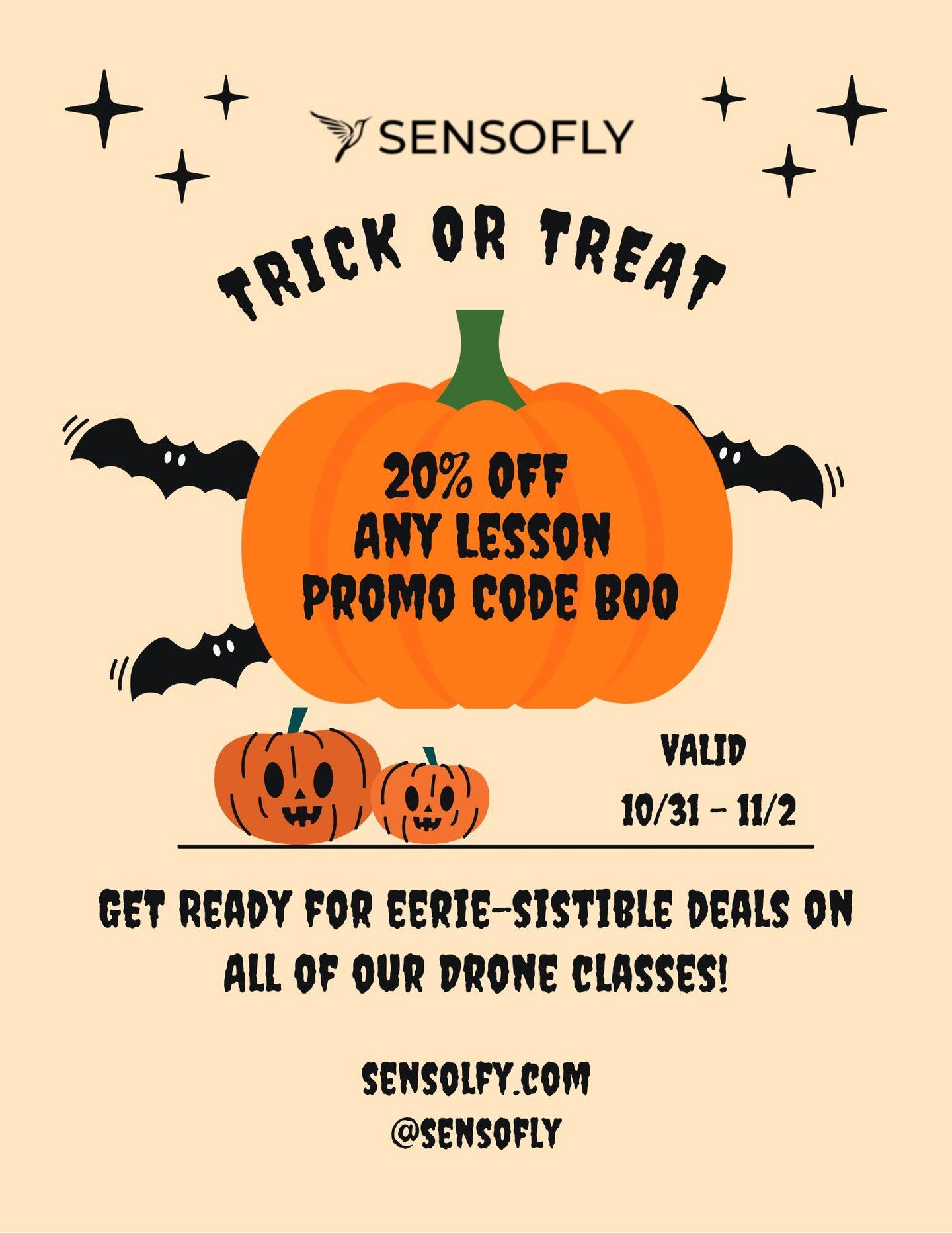 ㅤ
🎃 Halloween Drone Deal!
We&rsquo;re offering 20% OFF any Sensofly lesson this Halloween weekend with promo code BOO &mdash; valid Oct 31 to Nov 2.
Learn to fly, capture cinematic aerial shots, or dive into FPV racing &mdash; all at a spooky-good p