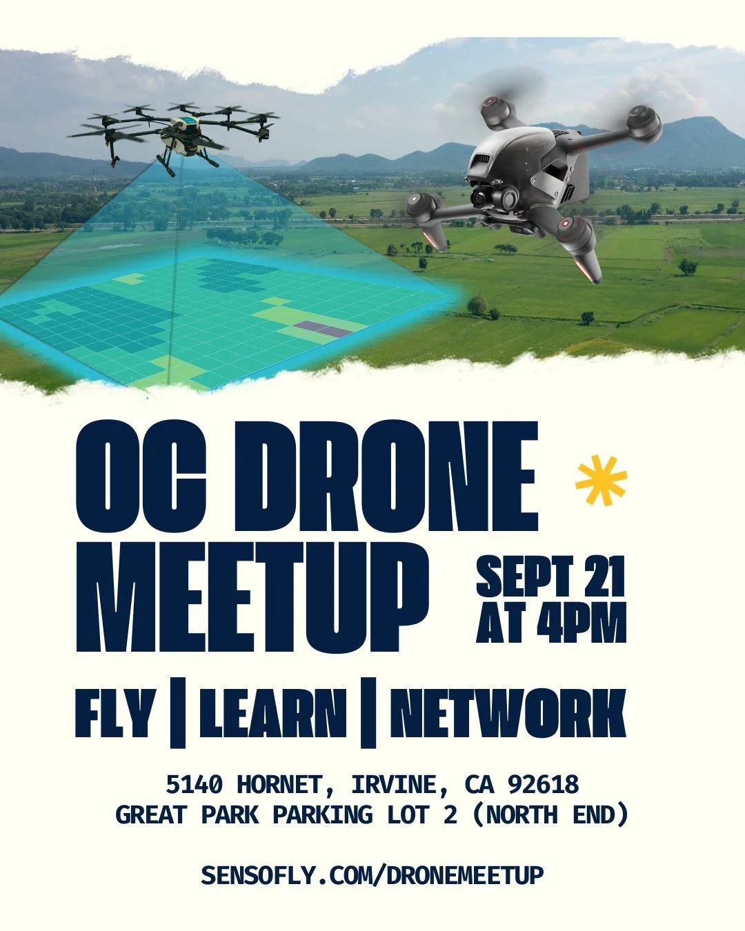 "Come join us for our OC Drone Meetup on Sept 21 from 4pm-6pm! Fly drones, learn more and network with like-minded enthusiasts. Location: 5140 Hornet, Irvine, CA 92618, Great Park Parking Lot 2 (North End). More details at sensofly.com/dronemeet