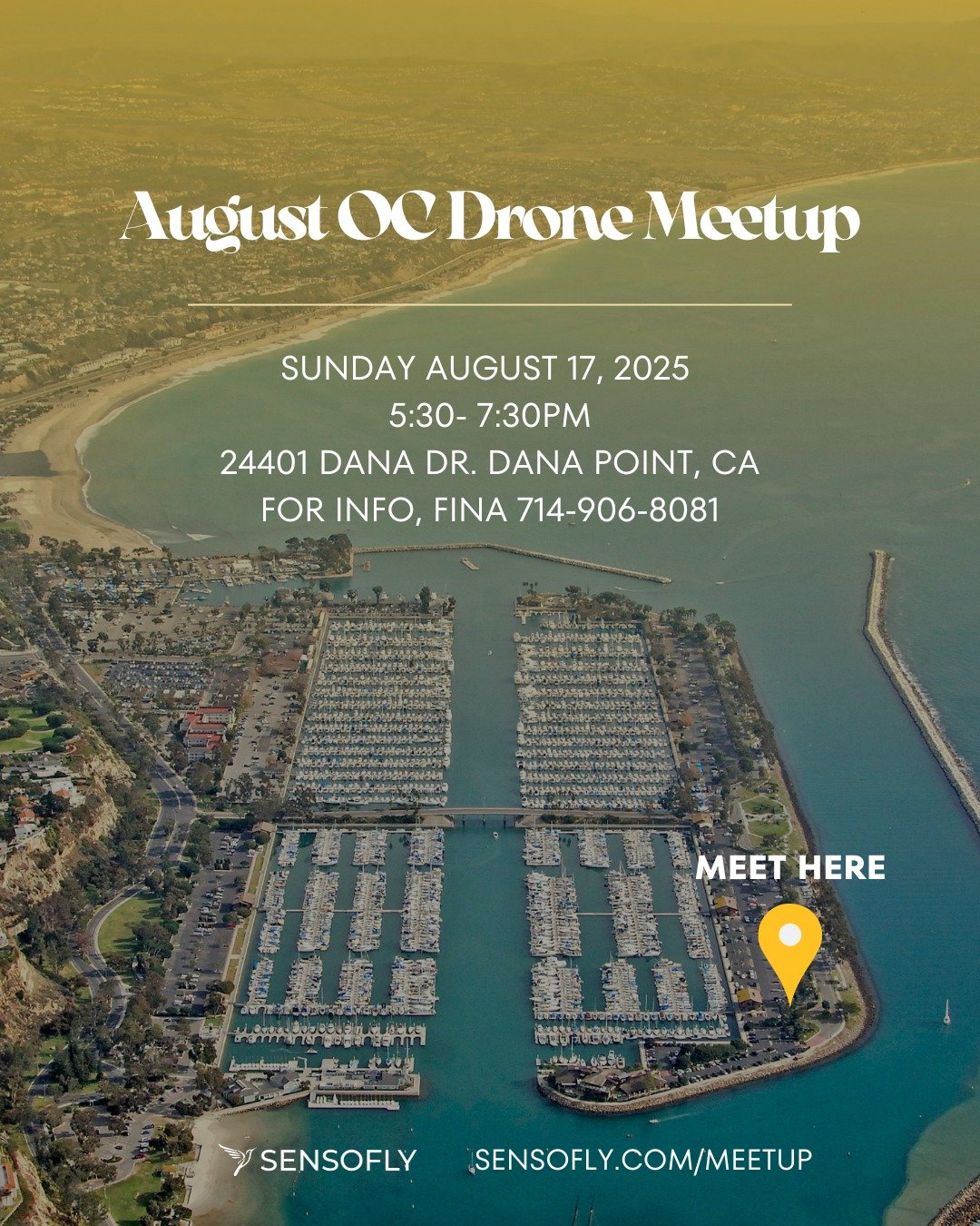 🚁 August OC Drone Meetup 📸
Join fellow drone pilots for an evening of flying, networking, and capturing epic sunset shots over beautiful Dana Point Harbor! 🌅
ㅤ
📅 Sunday, August 17, 2025
🕠 5:30 &ndash; 7:30 PM
📍 24401 Dana Dr., Dana Point, CA
📞