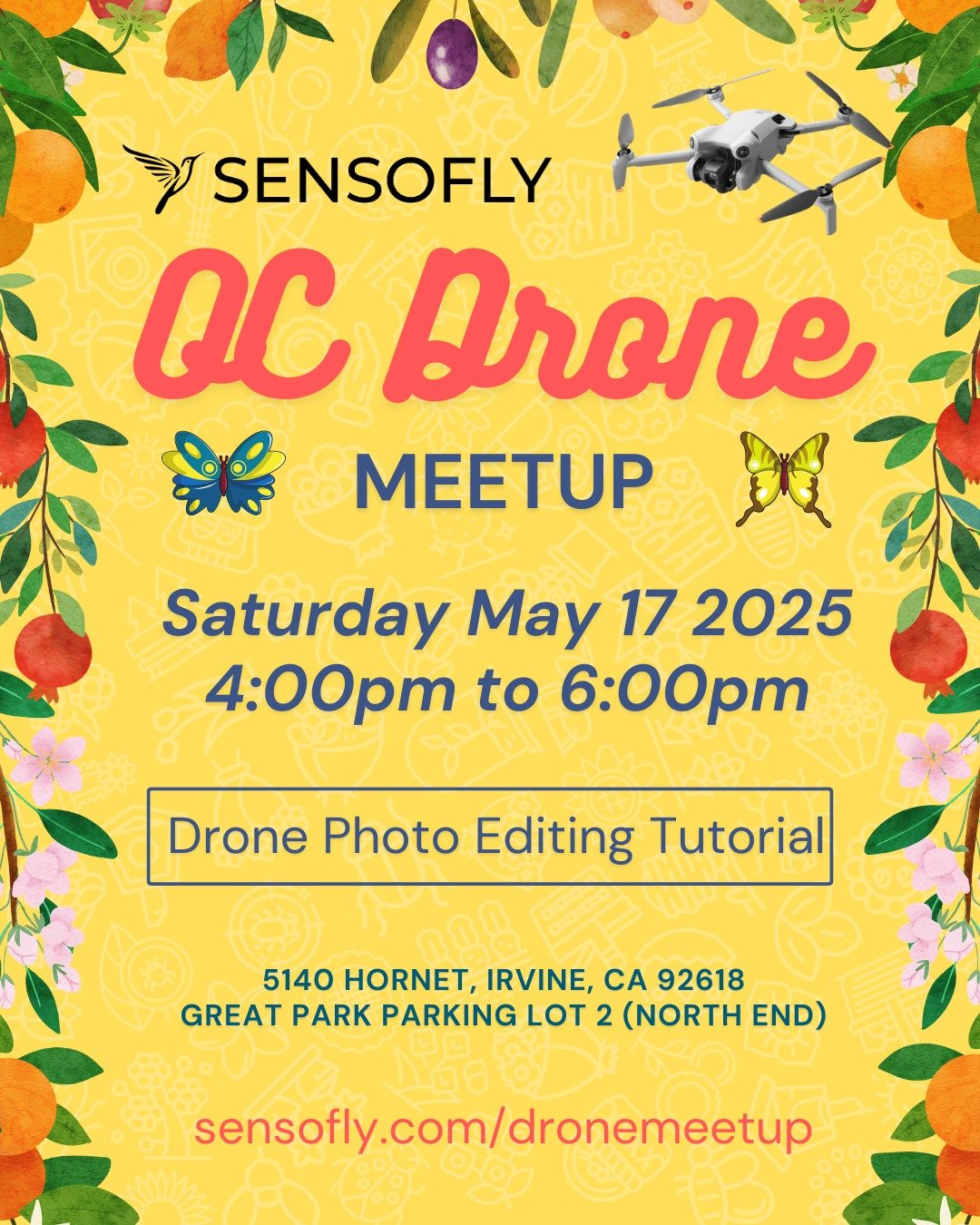 🚁 Join us for our next OC Drone Meetup!
📆 Saturday, May 16, 2025
🕓 4:00pm &ndash; 6:00pm
📍 5140 Hornet, Irvine, CA (Great Park &ndash; North end of Parking Lot 2)
ㅤ
NOTE Saturday, not Sunday this month only!
This month&rsquo;s highlight: Drone Ph