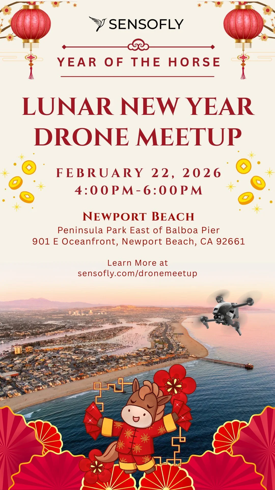 🐎🎉 **Lunar New Year Drone Meetup** 🎉🐎
Join us for a special Lunar New Year community fly-in in beautiful Newport Beach. Whether you&rsquo;re a beginner or seasoned pilot, everyone&rsquo;s welcome to celebrate, connect, and take to the skies. Brin