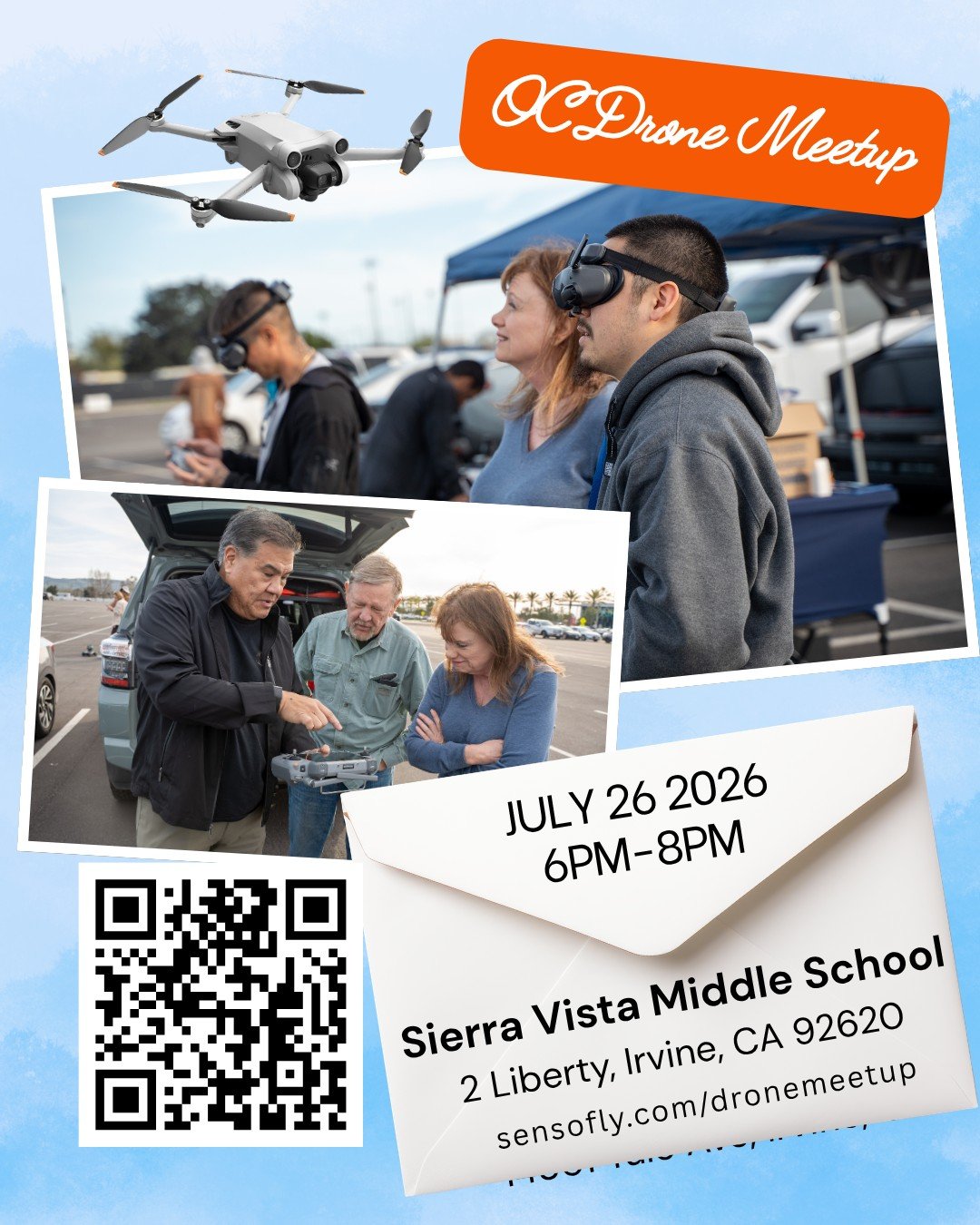 July OC Drone Meetup!
ㅤ
Join us for a casual evening drone meetup at Sierra Vista Middle School in Irvine!
ㅤ
📅 Sunday, July 26
⏰ 6:00&ndash;8:00 PM
📍 Sierra Vista Middle School, Irvine.
2 Liberty, Irvine, CA 92620
ㅤ
Bring your drone, meet other loc
