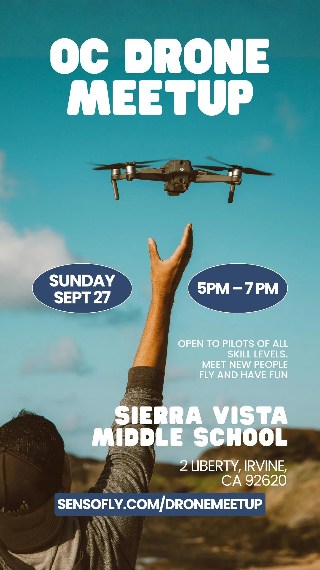 September OC Drone Meetup!
ㅤ
Join us for a casual evening drone meetup at Sierra Vista Middle School in Irvine!
ㅤ
📅 Sunday, September 27 2026
⏰ 5:00&ndash;7:00 PM
📍 Sierra Vista Middle School, Irvine.
2 Liberty, Irvine, CA 92620
ㅤ
Bring your drone,