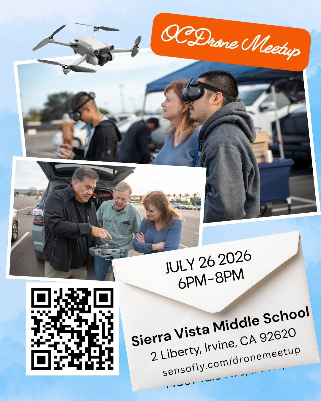 July OC Drone Meetup!
ㅤ
Join us for a casual evening drone meetup at Sierra Vista Middle School in Irvine!
ㅤ
📅 Sunday, July 26
⏰ 6:00&ndash;8:00 PM
📍 Sierra Vista Middle School, Irvine.
2 Liberty, Irvine, CA 92620
ㅤ
Bring your drone, meet other loc