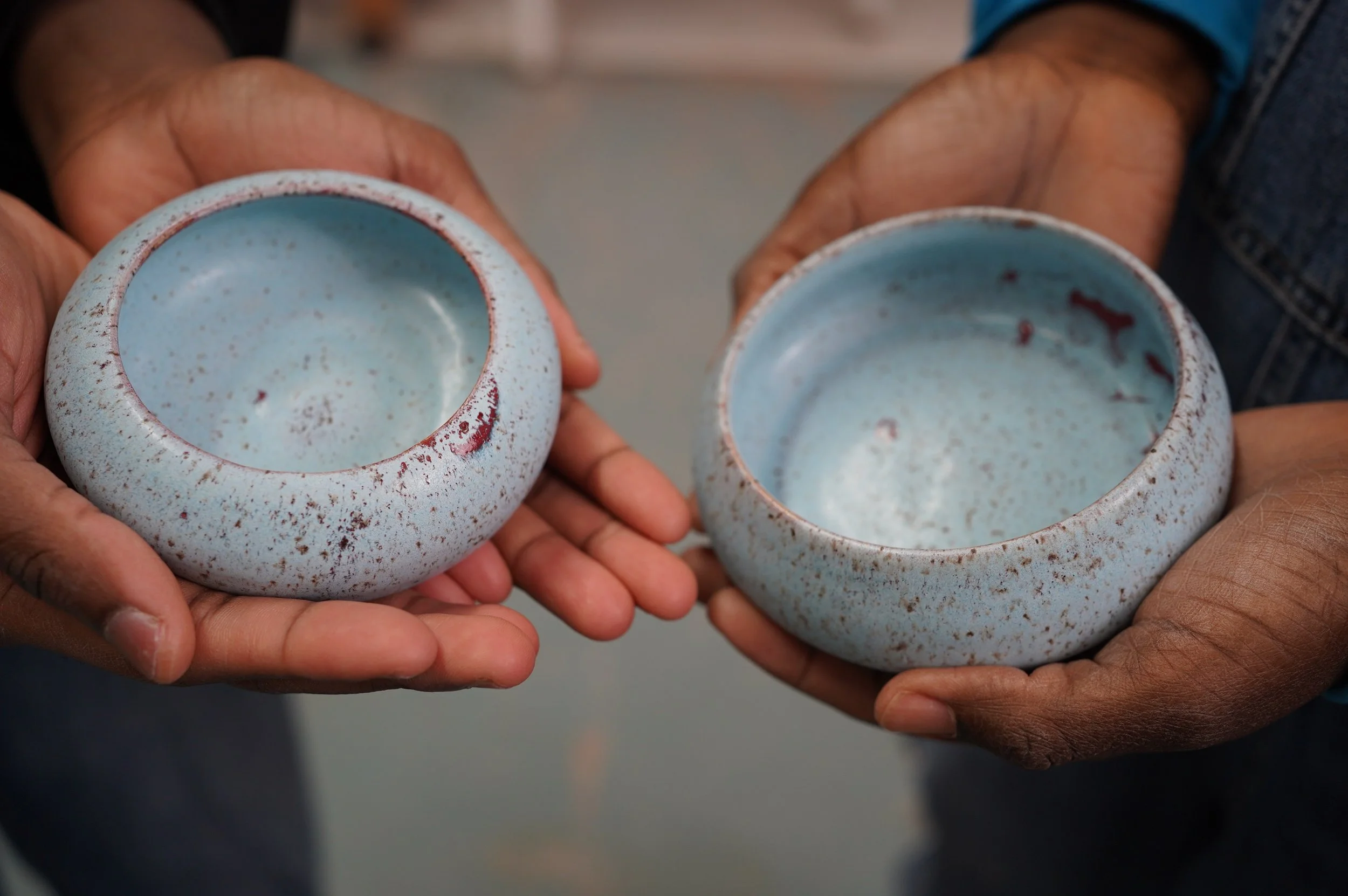 Two sets of hands, each holds a similar small blue speckled bowl.