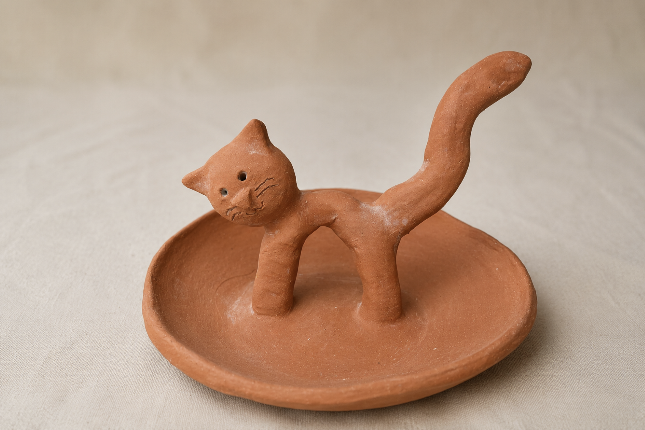 A charming handmade ceramic sculpture of a whimsical kitty.