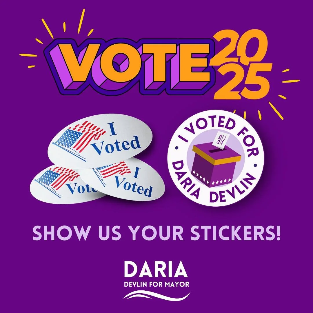 The stickers are back! 💜

On Election Day, we&rsquo;re handing out &ldquo;I Voted for Daria Devlin&rdquo; stickers! Whether at your polling place or at our Election Night Party at @1020_collective, we want to see them. Use #TeamDaria and tag us in y