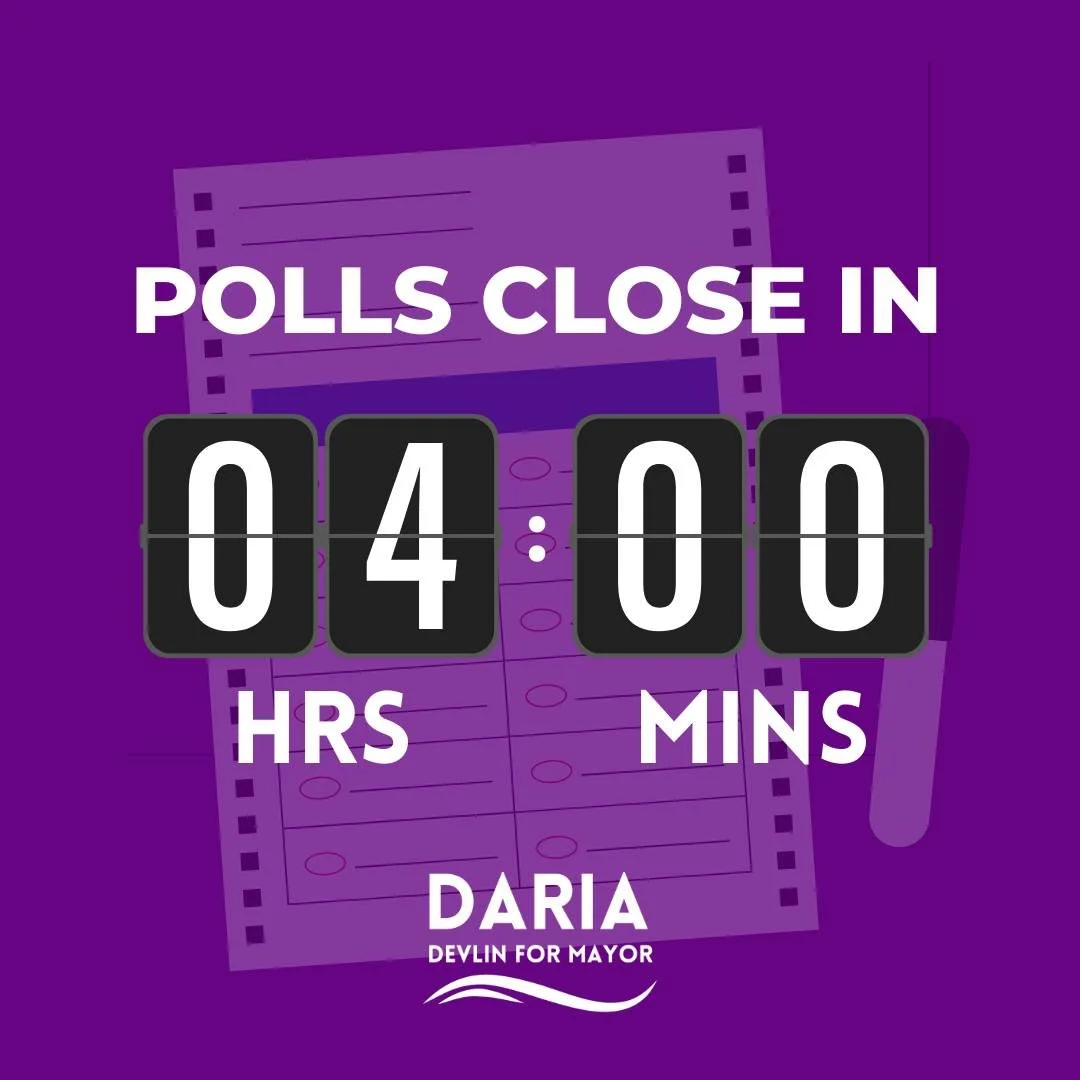 Just 4 hours left to vote! 🕓 Need to find your polling place? Visit https://www.pavoterservices.pa.gov/pages/pollingplaceinfo.aspx. 

Your vote is your voice, let's make it count.

✅ Vote Daria Devlin for Mayor
📍 Polls open 7am&ndash;8pm (if you ar