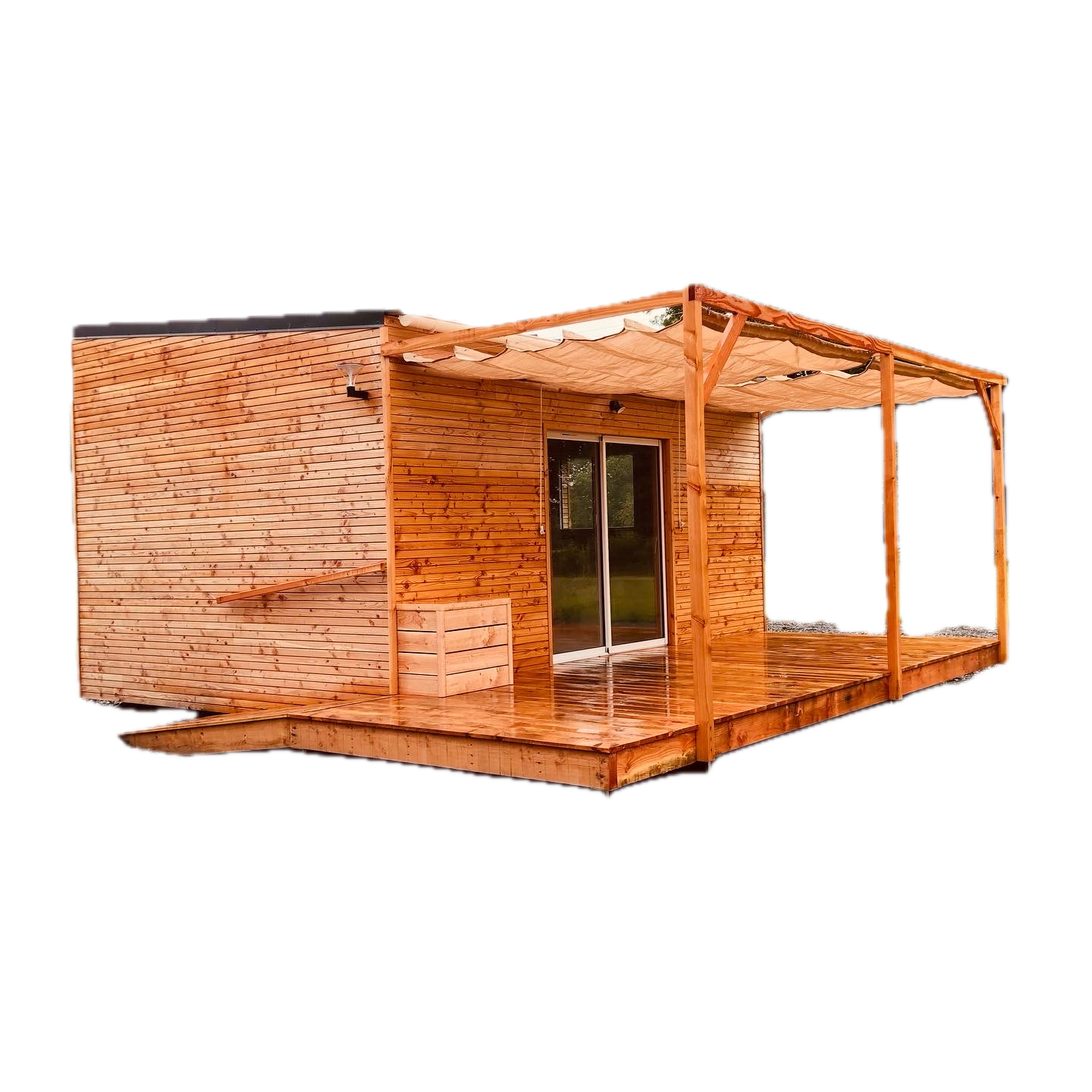 mini Maison en ossature bois avec un bardage et une terrasse douglas et une pergola