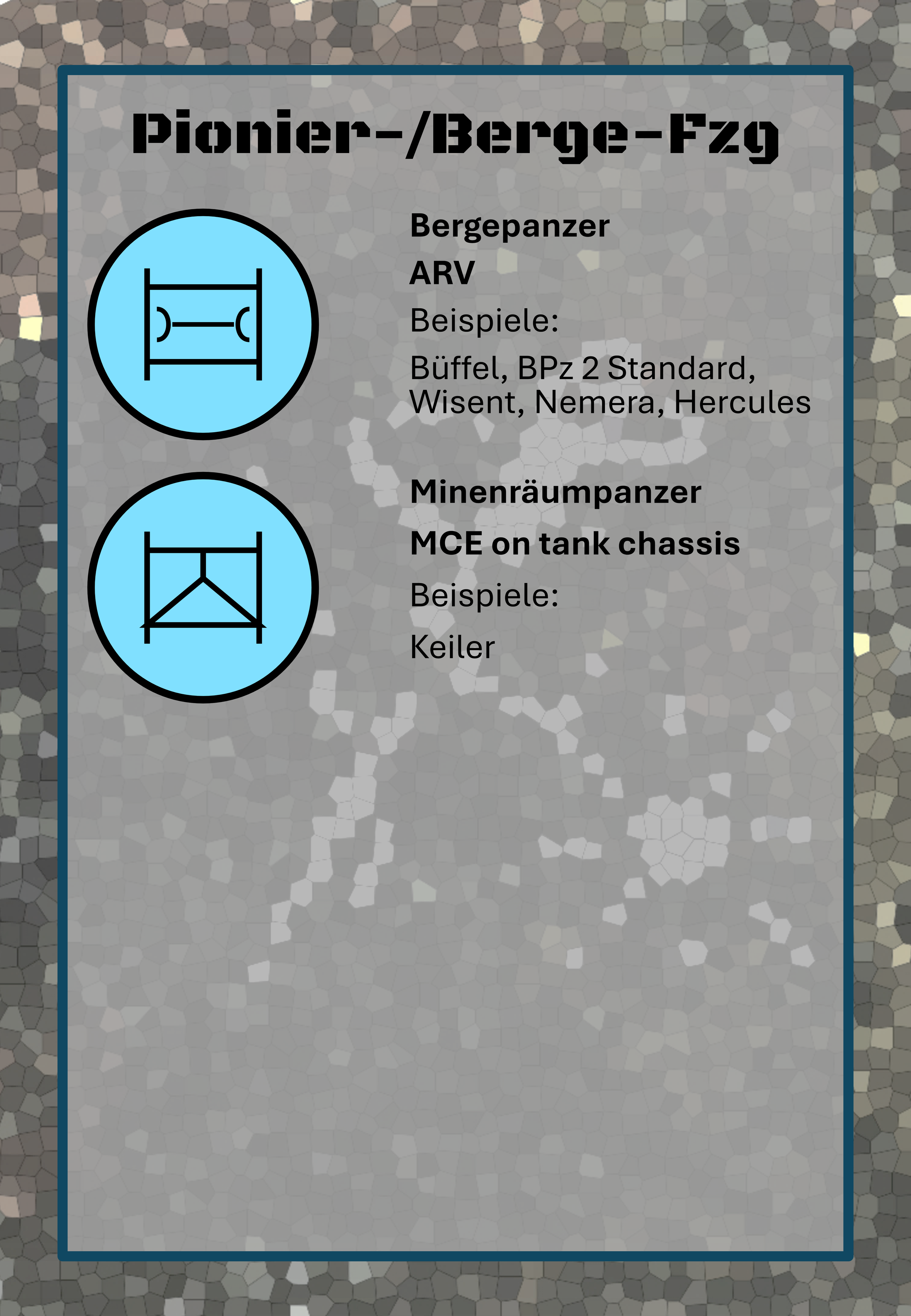 Informationsschild über Pionier- und Berge-Fzg mit Symbolen und Beispielen