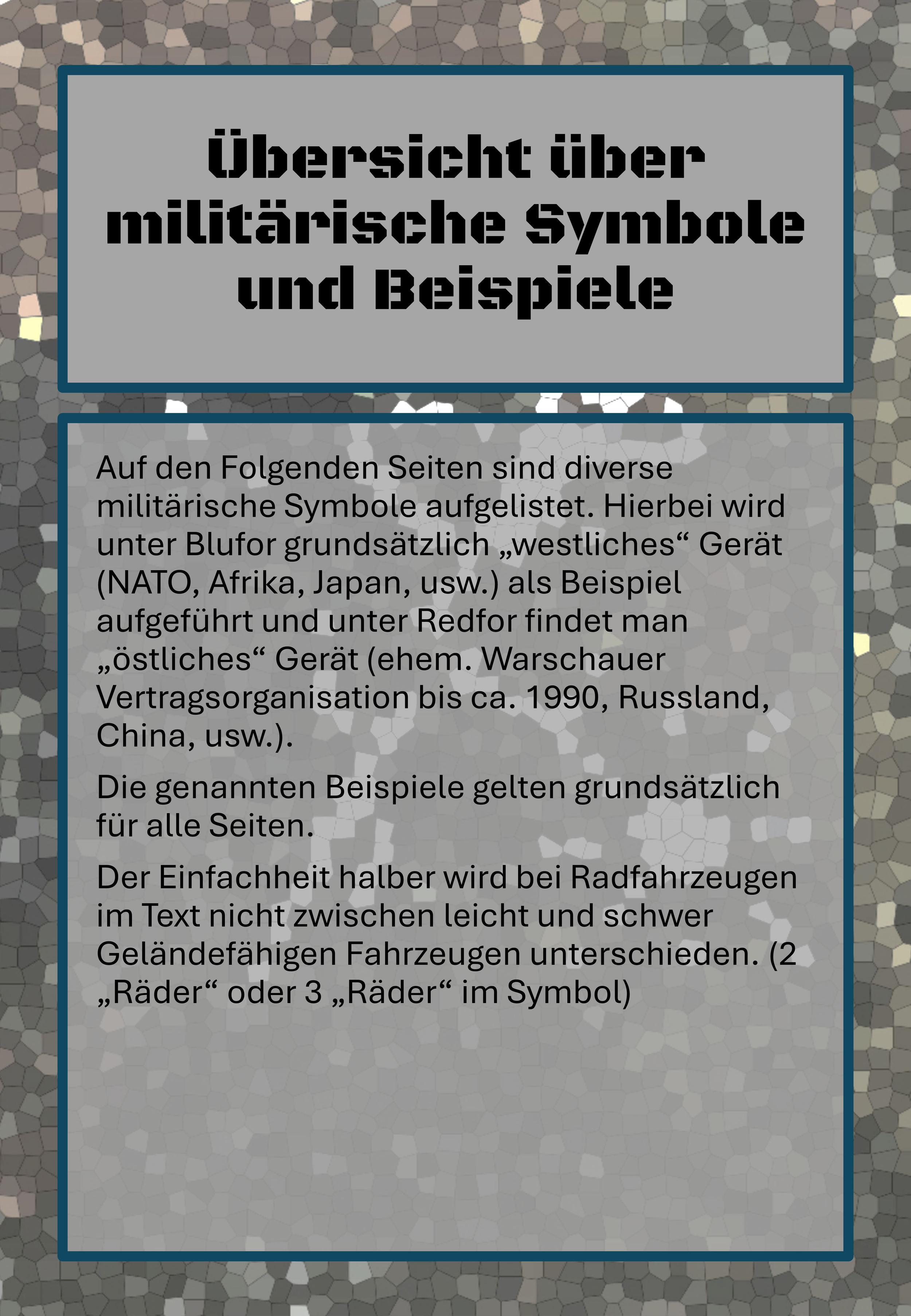 Infografik mit dem Titel 'Übersicht über militärische Symbole und Beispiele', erklärt die Bedeutung verschiedener militärischer Symbole auf Seiten, mit Beispielen für westliche und östliche Geräte und deren Verwendung in verschiedenen Ländern.