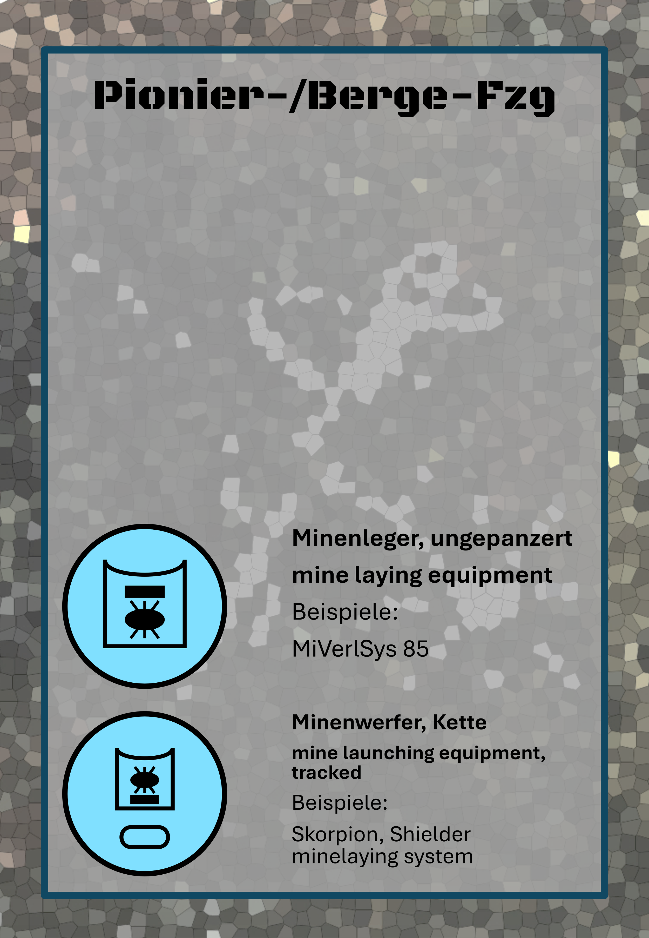 Informationstafel über Pionier- und Berge-Fzg mit Symbolen für Minenlegegeräte und Minenwerfer, Text in Deutsch und Englisch