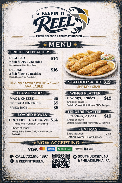 Keeping It Reel Seafood menu flyer