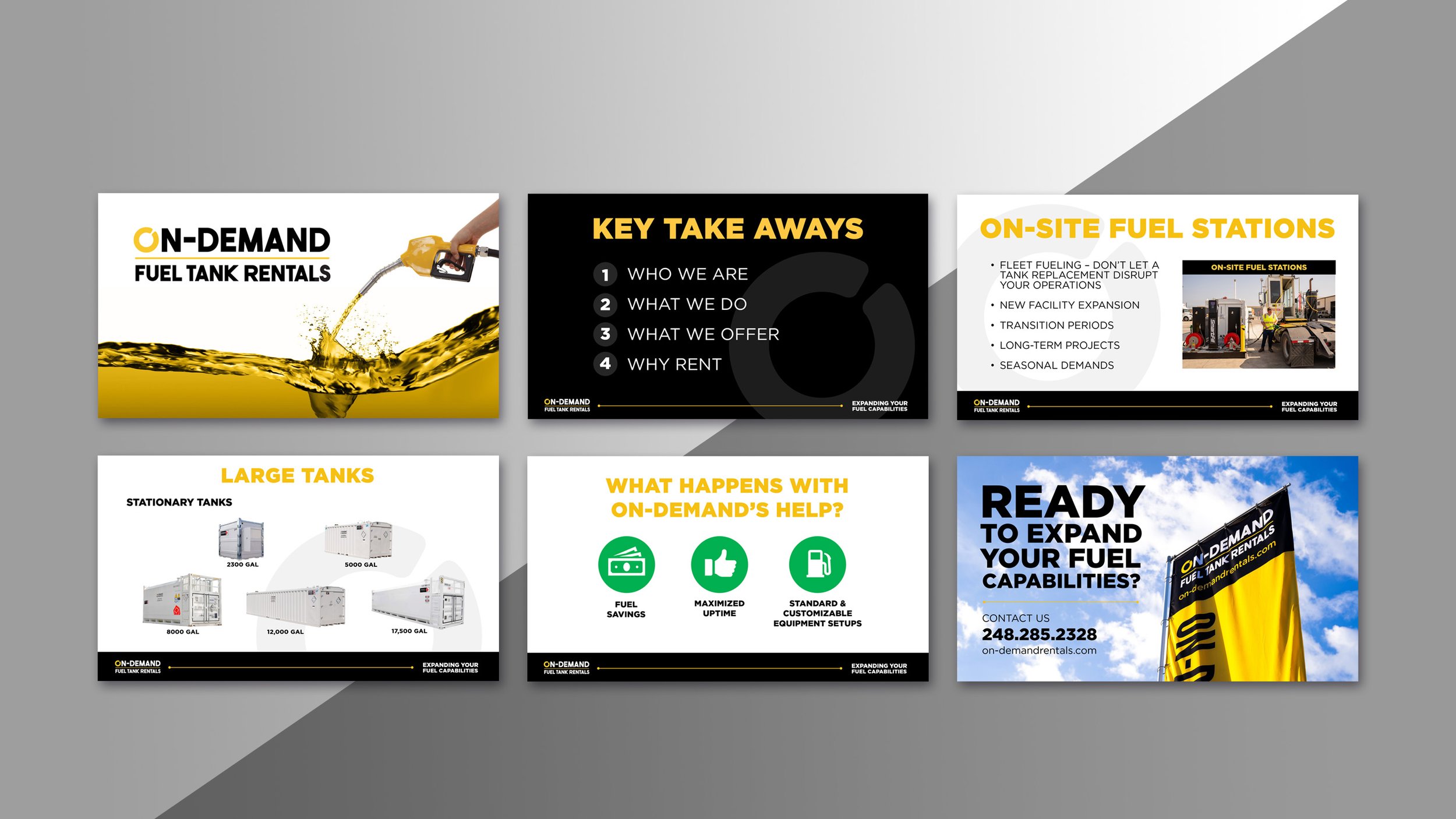 Six power point slides from a presentation about fuel tank rentals by On-Demand.