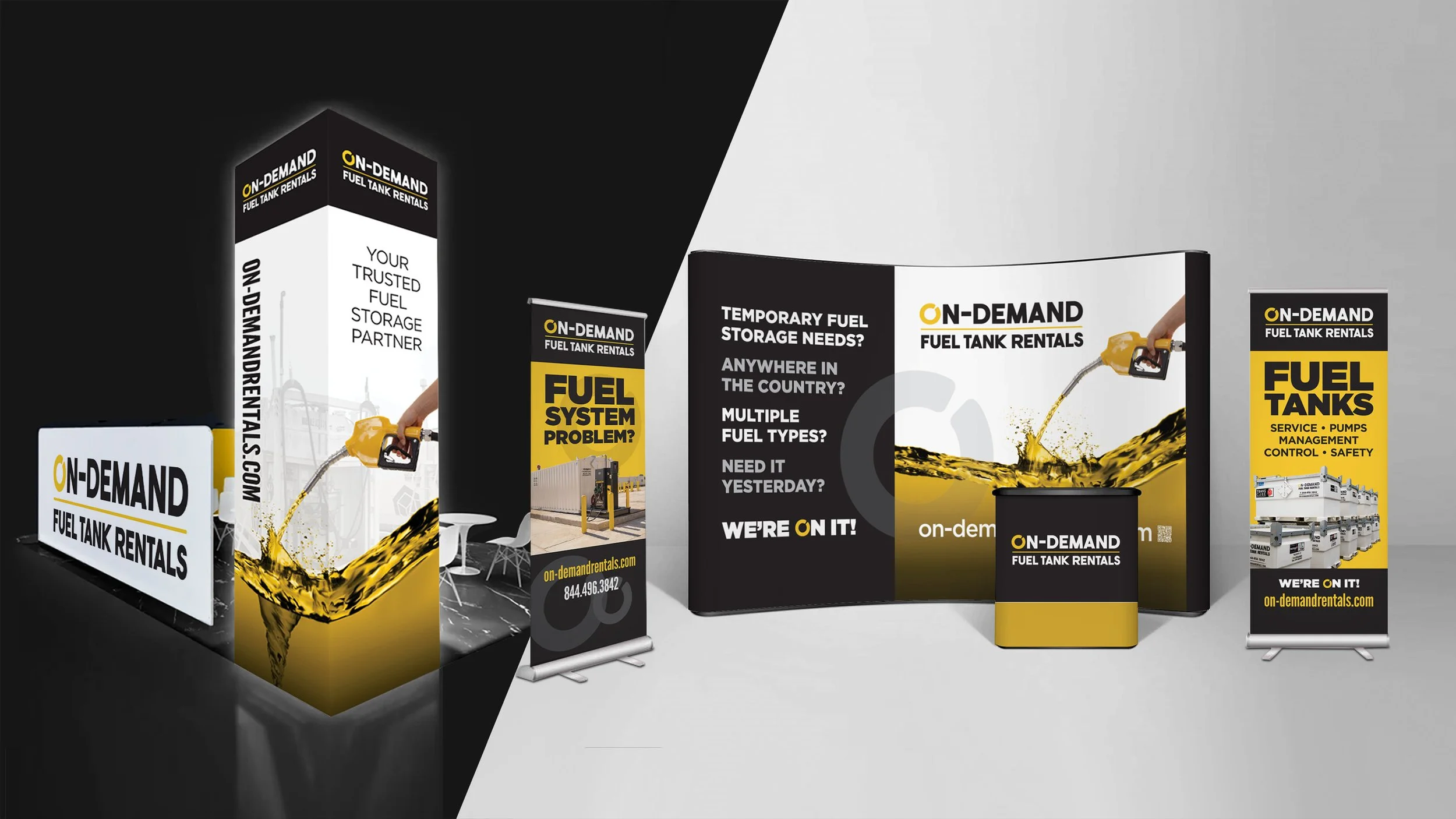 Trade show booth displays for On-Demand Fuel Tank Rentals, featuring banners and signage advertising fuel tank rentals, fuel system solutions, and related services.