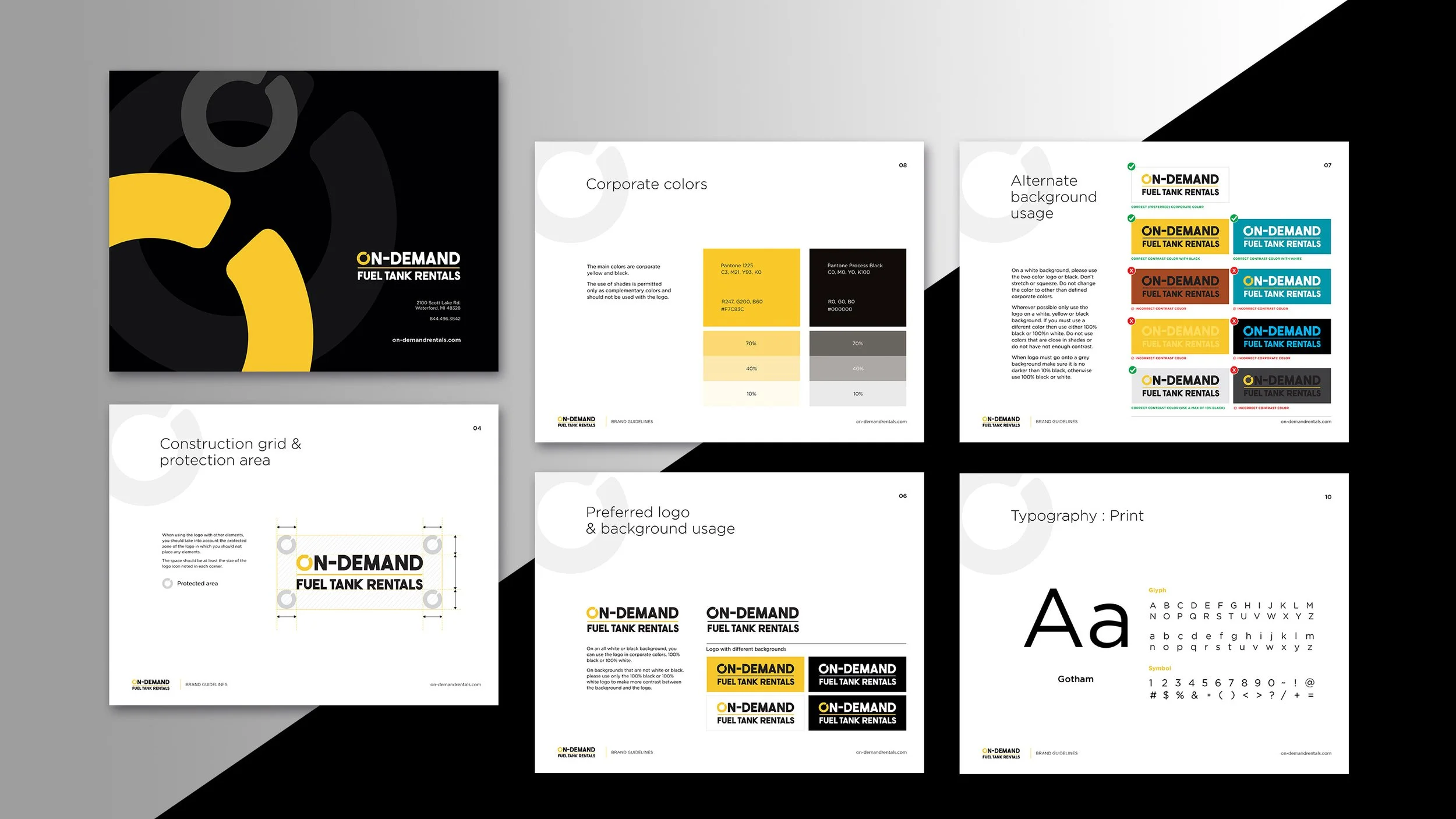 A branding style guide for a company called On-Demand Fuel Tank Rentals, including logo design, corporate colors, alternate background usage, construction grid, preferred logo and background usage, and typography samples.