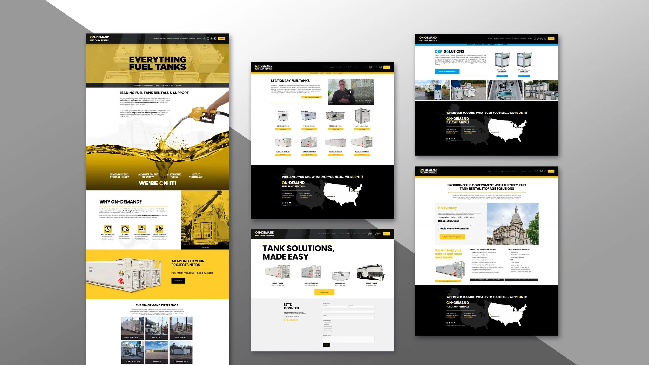 Collection of five website homepage mockups for fuel tank rental company. The designs feature images of fuel tanks, construction equipment, and maps of the United States, with a color scheme of black, white, and yellow.