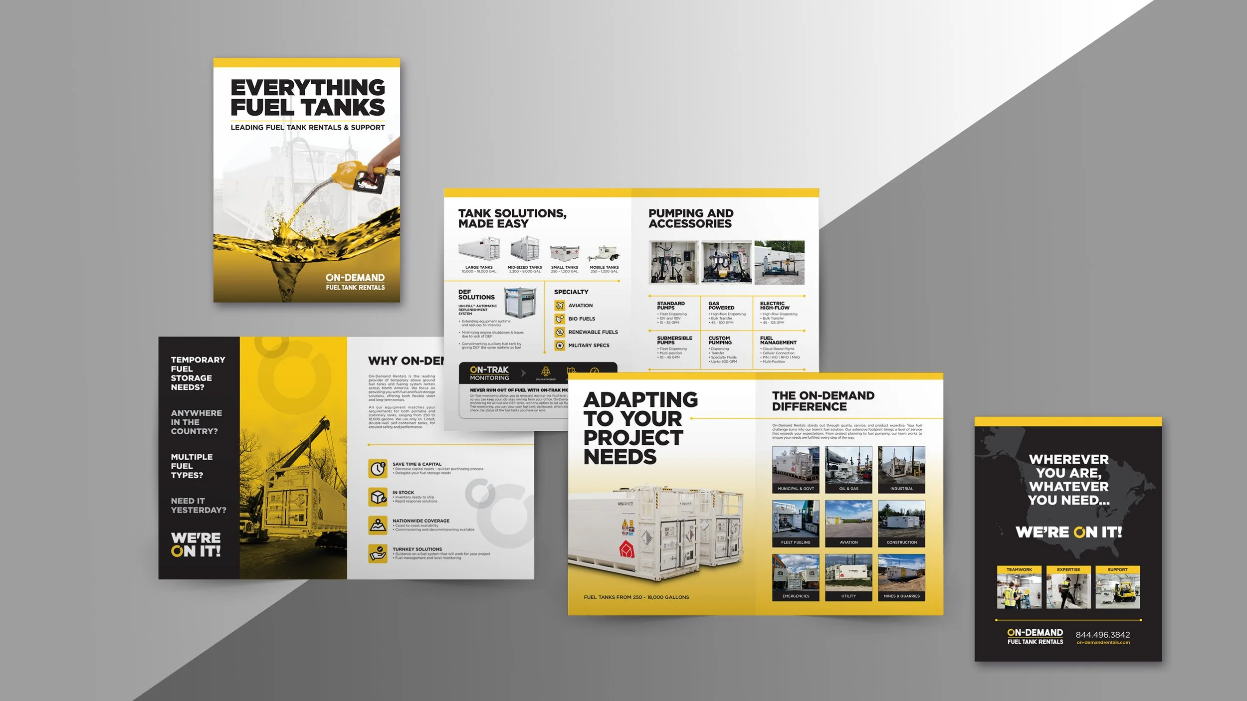 Collection of marketing brochures for fuel tanks and fuel tank rental services with images and text about tank solutions, project adaptation, and on-demand support.