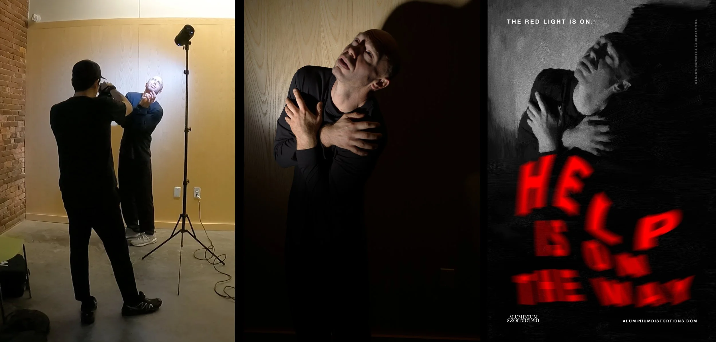 Three images: a photographer shoots a man posing dramatically under a spotlight; the man stands alone hugging himself in anguish; a poster shows the same pose with distorted red text reading, “HELP IS ON THE WAY.”.