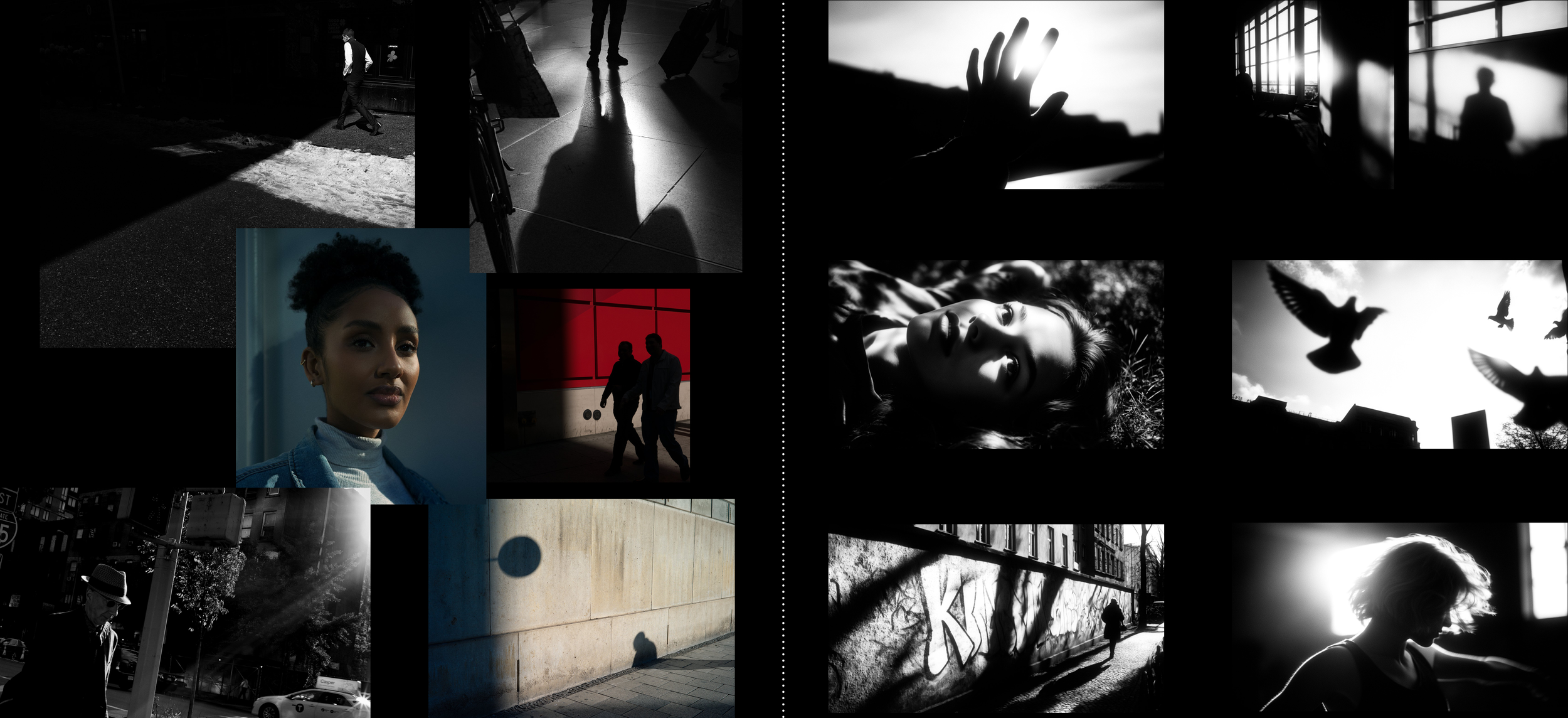 A collage of 12 urban and artistic black-and-white photos featuring silhouettes, shadows, city scenes, a woman’s portrait, birds in flight, and dramatic light contrasts, evoking a moody, cinematic atmosphere.