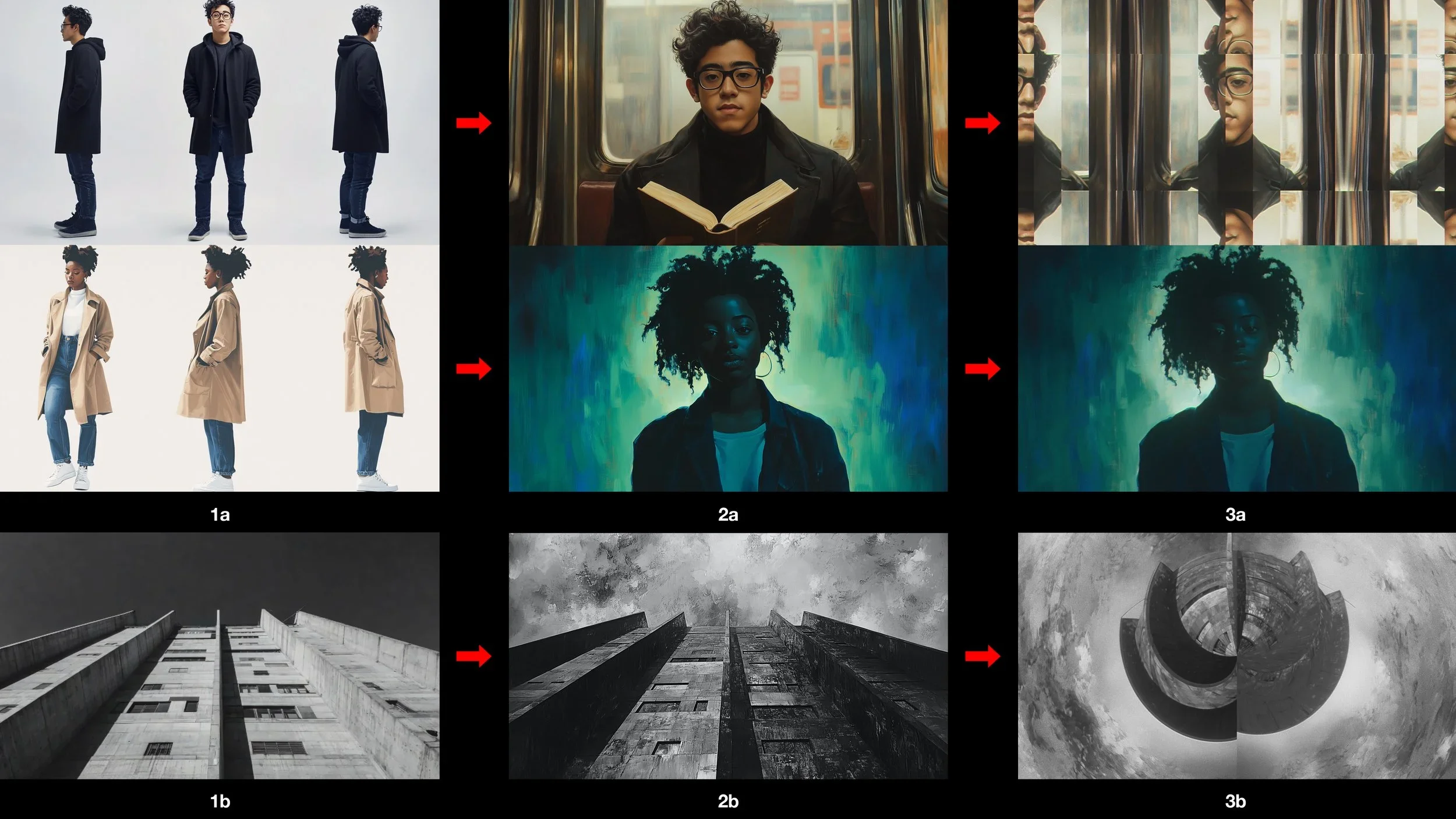 A sequence of three sets of images, each labeled 1a/1b, 2a/2b, and 3a/3b, showing a person and a building transforming through artistic and surreal changes, with red arrows indicating progression.