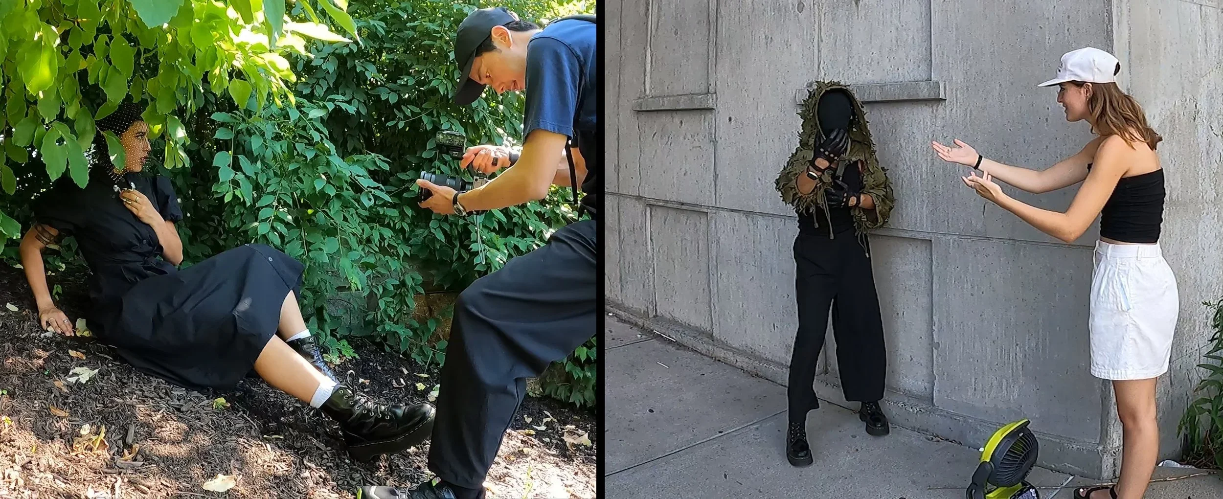 Two-panel image: left, a young woman sits on the ground in foliage while a man films her; right, the same person, now with a covered face, gestures at a third person, who stands with raised hands against a concrete wall.